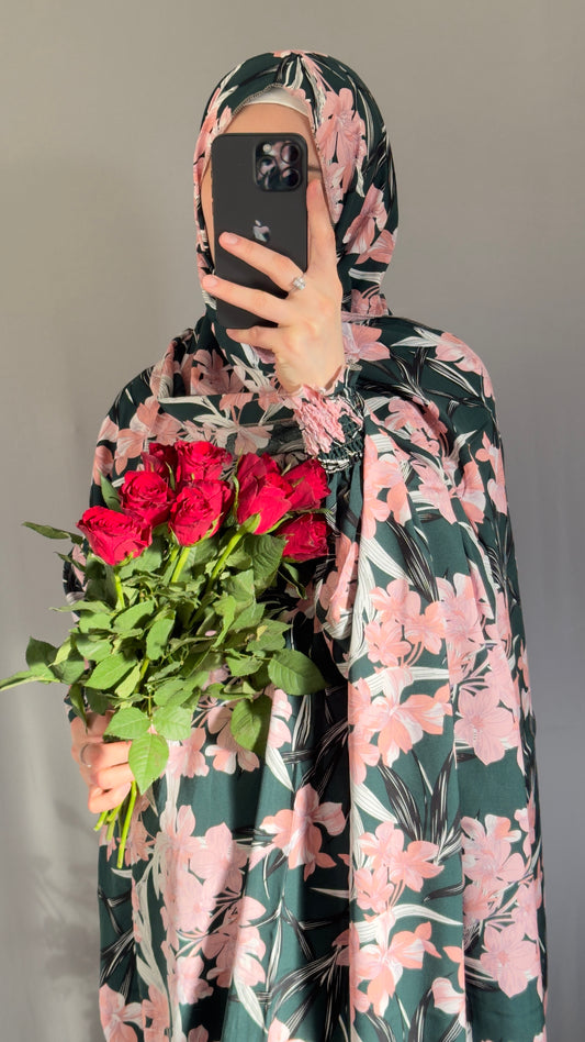 Elegant Floral Green Prayer Dress – Modest Islamic Wear for Women - Breathable Cotton Salah Dress - Modest Prayer Dress for Women - Ramadan Floral Abaya - Prayer Set