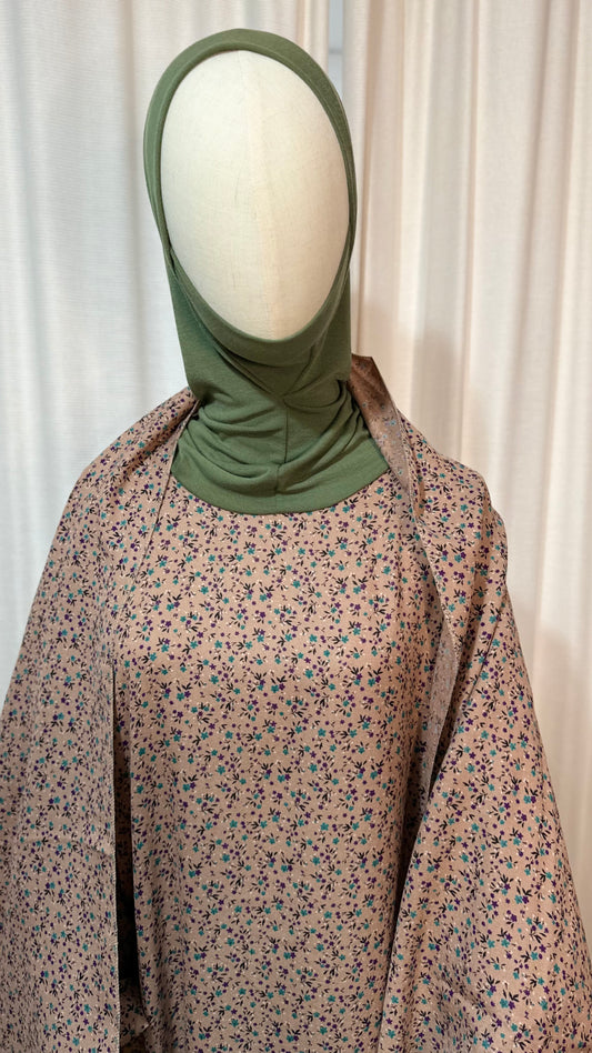 Floral Dusty Pink One Piece Prayer dress with Built In Jersey Bonnet, Prayer Abaya with integrated Hijab, Salah dress, Prayer set, Prayer outfit,Prayer clothes for women, Islamic Prayer dress, Ramadan Abaya