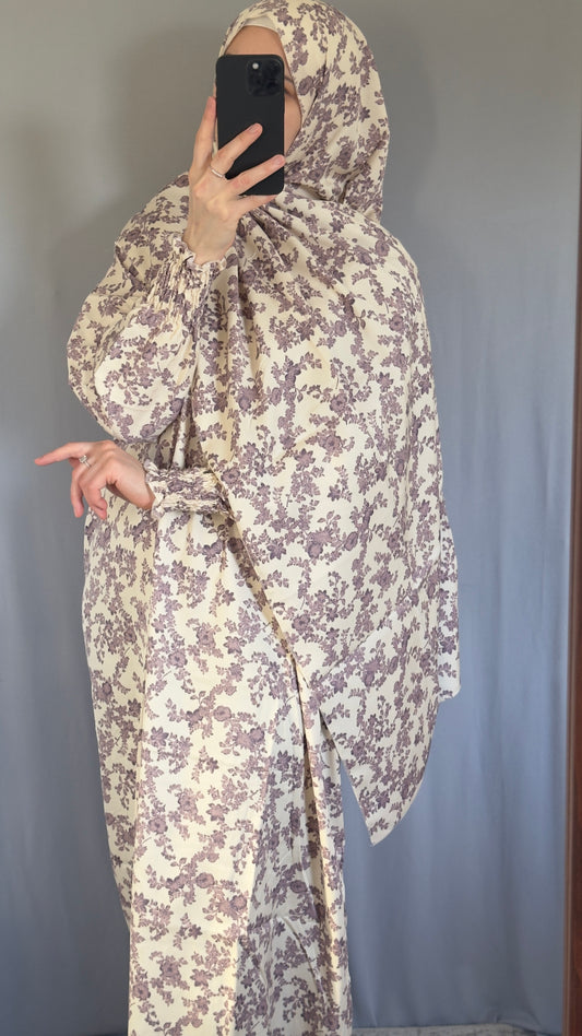 Floral Cream Cotton Muslim Prayer Dress Set – Modest Ramadan Outfit with Hijab, Abaya & Salah Dress for Women | Islamic Gift Idea