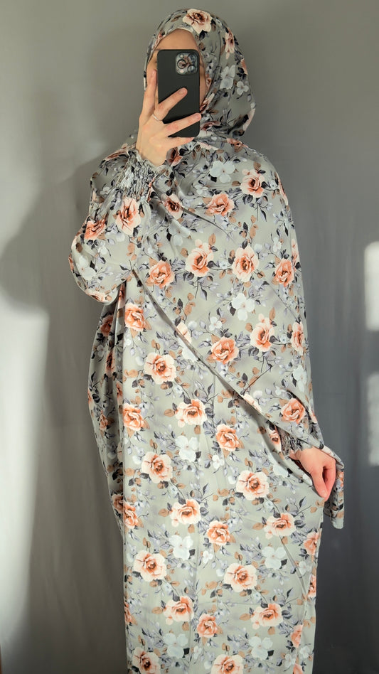 Floral Grey Prayer Dress / Overhead Abaya / Prayer Abaya Set / Prayer Dress for Woman / Prayer Clothes Muslim / Prayer Gown / Prayer Outfit/ Salah Dress / Namaz Dress / Ramadan Abaya / Eid Gift
