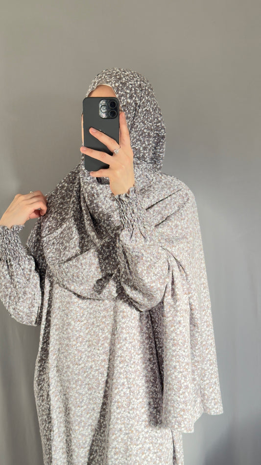 Floral Grey Cotton Muslim Prayer Dress Set – Modest Ramadan Outfit with Hijab, Abaya & Salah Dress for Women | Islamic Gift Idea