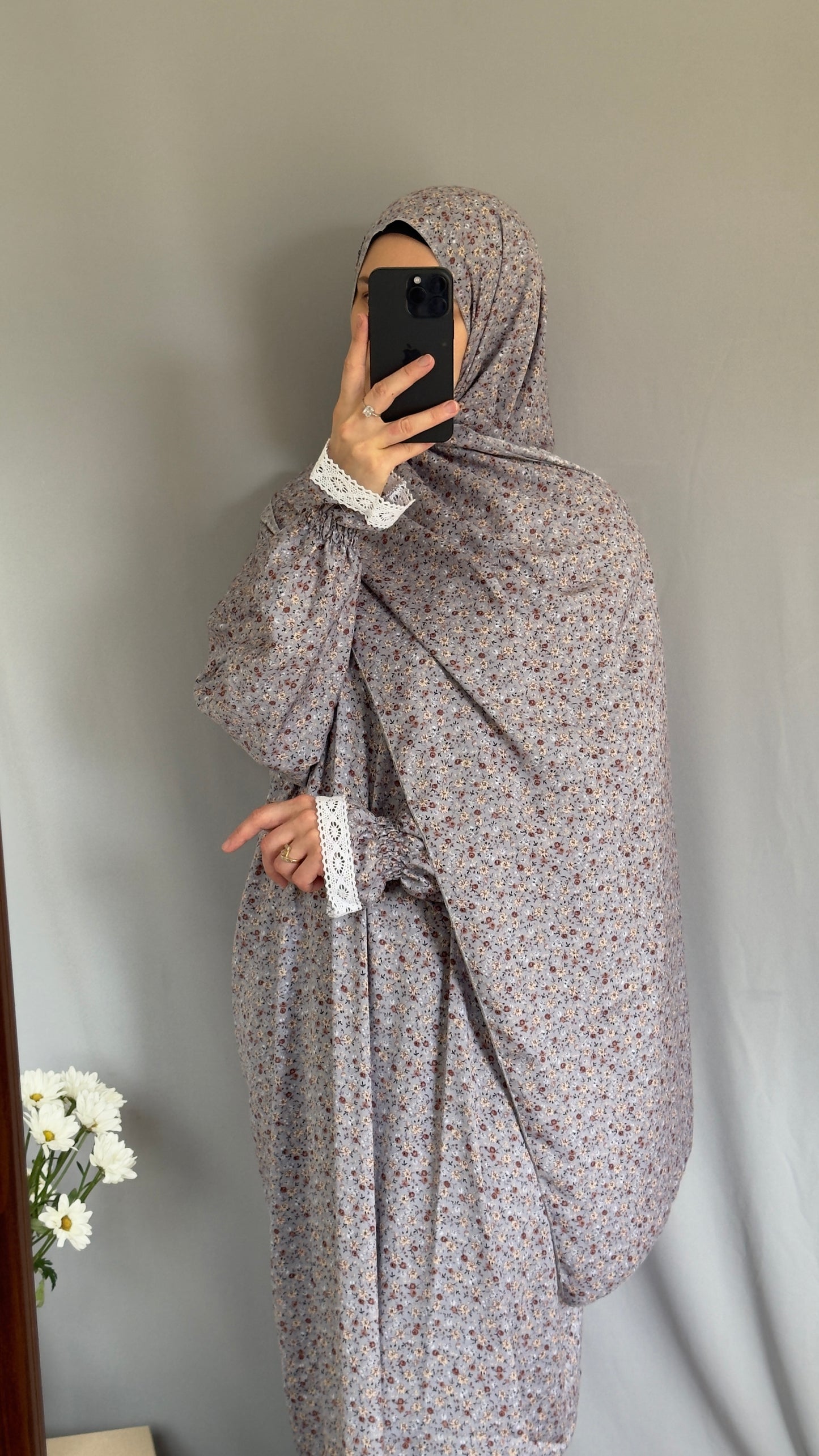 Elegant Floral Grey Prayer Dress – Modest Islamic Wear for Women - Breathable Cotton Salah Dress - Modest Prayer Dress for Women - Summer Floral Abaya - Prayer Set, Islamic Gift