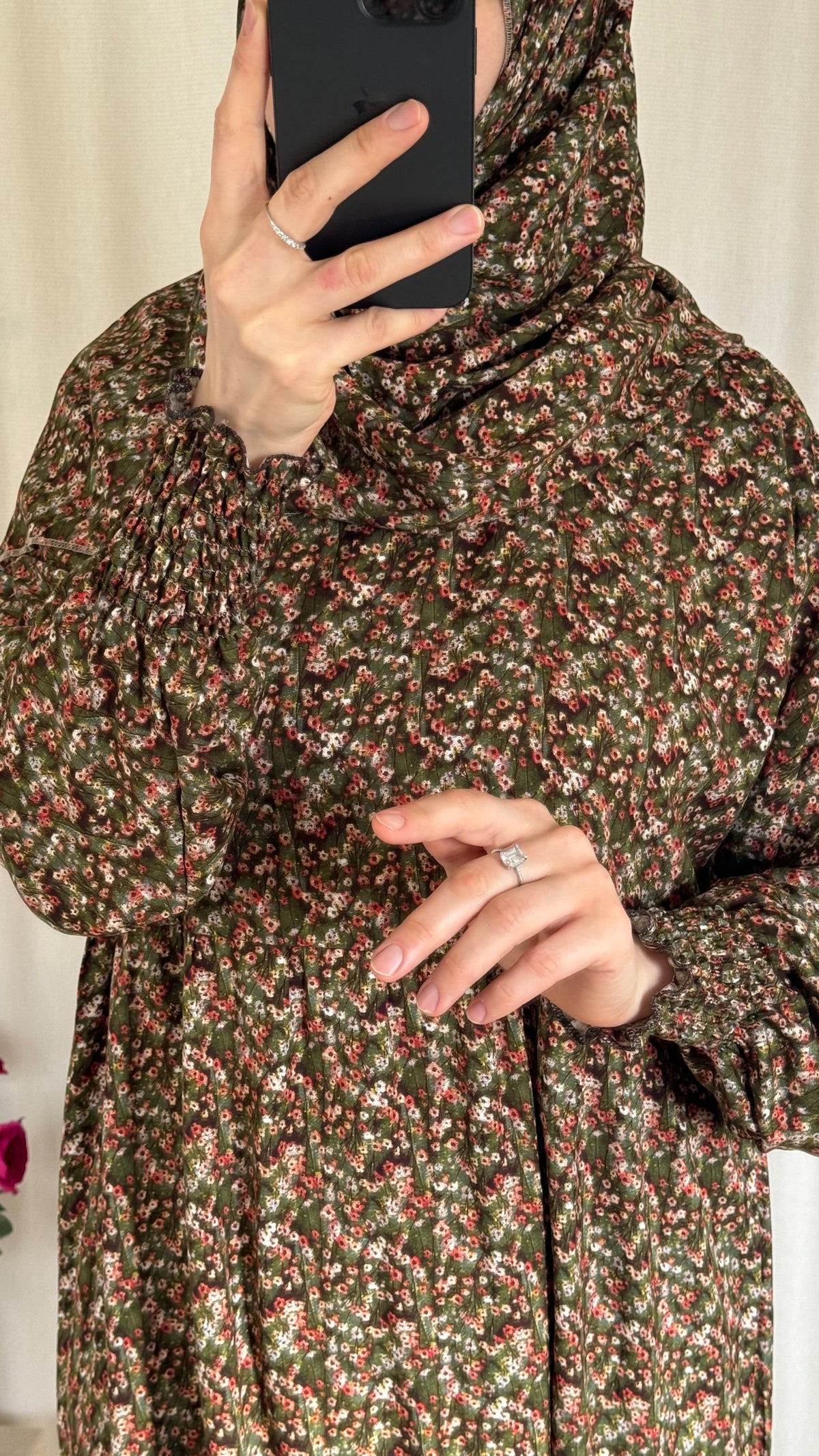 Floral green Cotton Prayer Dress - with gathers under chest