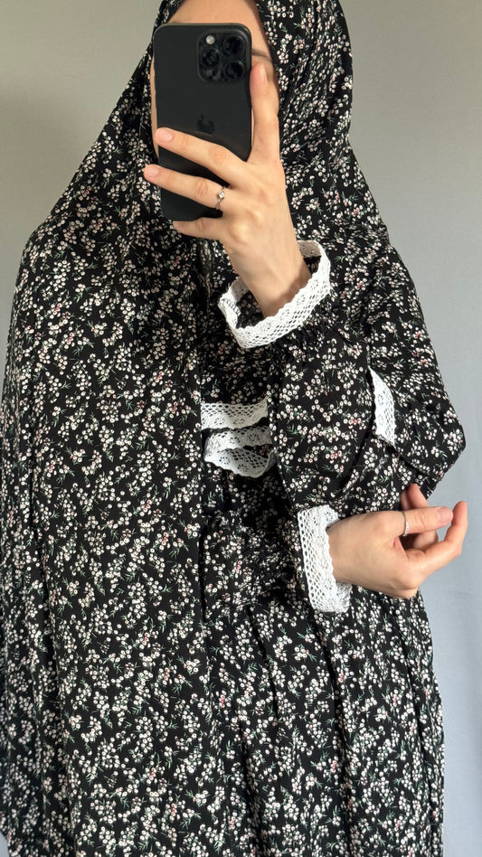 Floral Black Cotton Prayer Dress, Prayer clothes for women, Islamic Prayer dress, Prayer Outfit, Prayer Set, Prayer Hijab, Salah dress, Islamic Gift, Muslim clothing, Prayer abaya