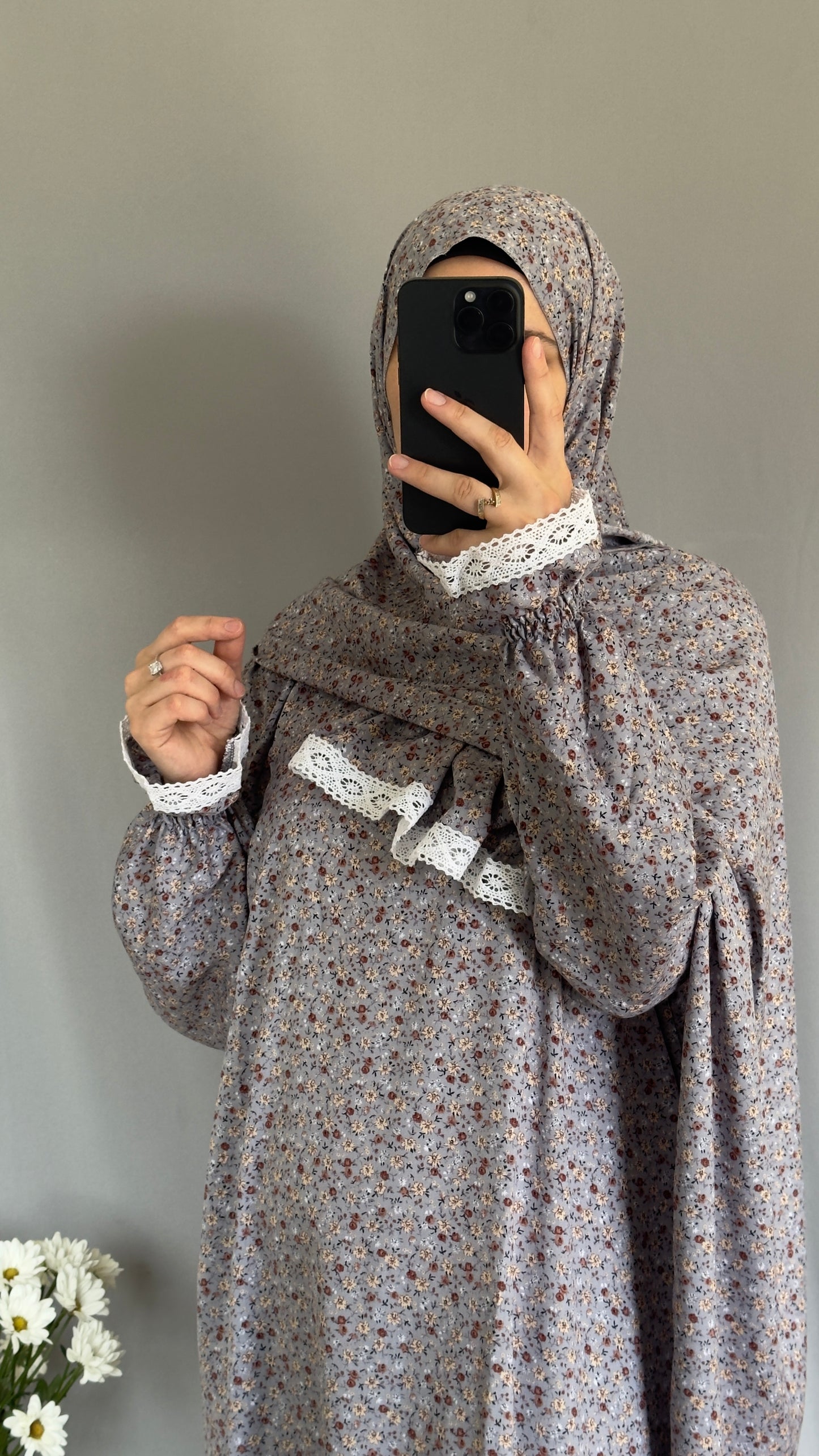 Elegant Floral Grey Prayer Dress – Modest Islamic Wear for Women - Breathable Cotton Salah Dress - Modest Prayer Dress for Women - Summer Floral Abaya - Prayer Set, Islamic Gift