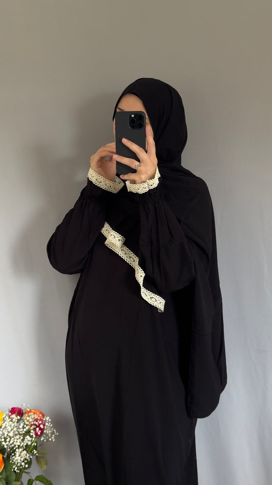 Black Prayer Dress with Cotton Lace/ Overhead Abaya / Prayer Abaya Set / Prayer Dress for Woman / Prayer Clothes Muslim / Prayer Gown / Prayer Outfit/ Salah Dress / Namaz Dress