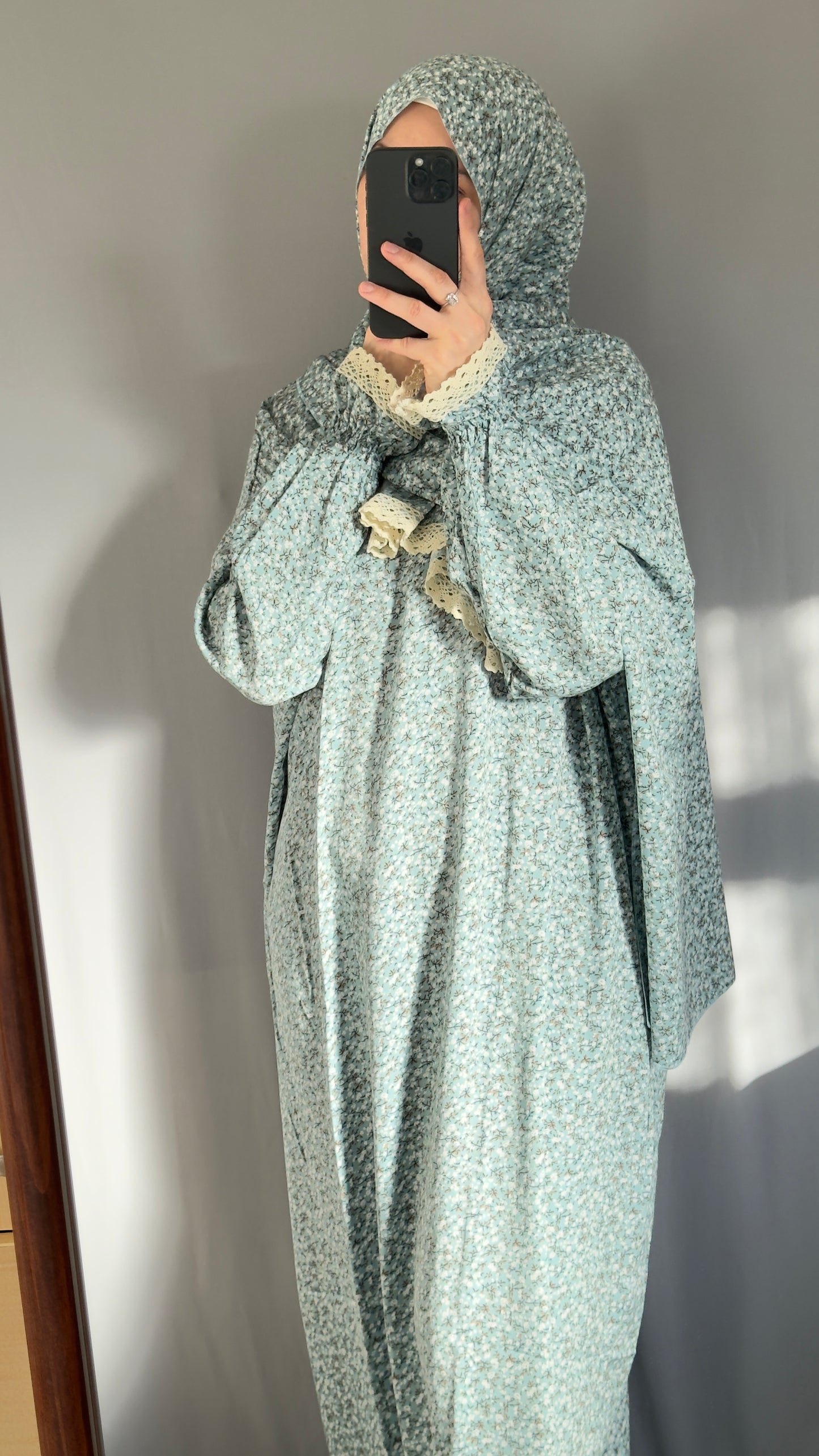 Floral Mint Cotton Prayer Dress, Prayer clothes for women, Islamic Prayer dress, Prayer Outfit, Prayer Set, Prayer Hijab, Salah dress, Islamic Gift, Muslim clothing, Prayer abaya, Ramadan Dress