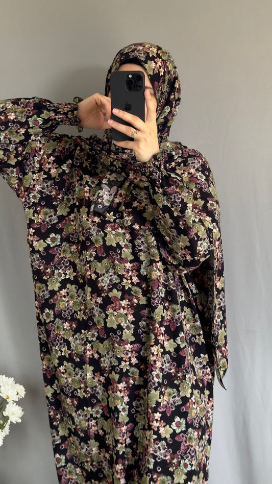 Floral Prayer Dress / Prayer Abaya / muslim one piece prayer garment / Modest prayer outfit / Travel-friendly prayer dress / Prayer Dress with attached Hijab / Salah clothes / Prayer Wear
