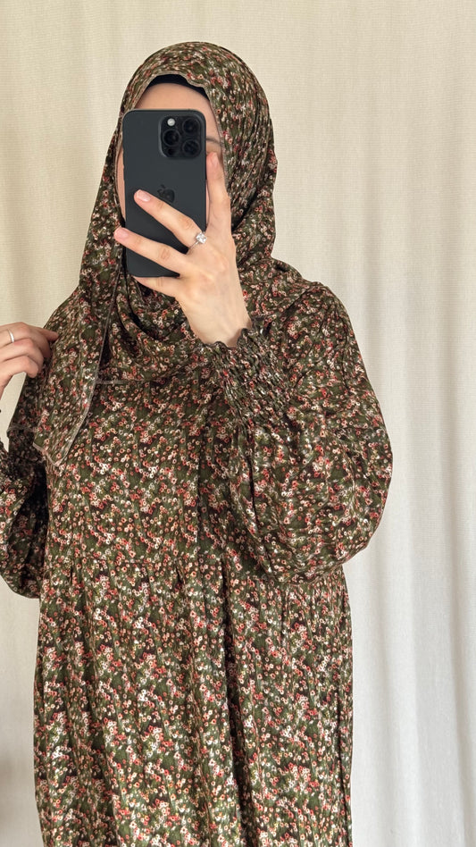 Floral green Cotton Prayer Dress - with gathers under chest
