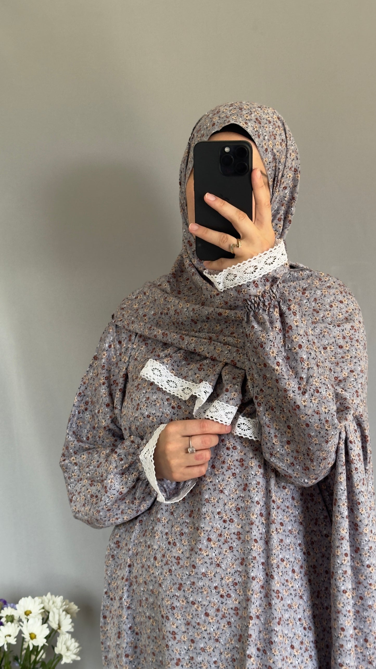 Elegant Floral Grey Prayer Dress – Modest Islamic Wear for Women - Breathable Cotton Salah Dress - Modest Prayer Dress for Women - Summer Floral Abaya - Prayer Set, Islamic Gift