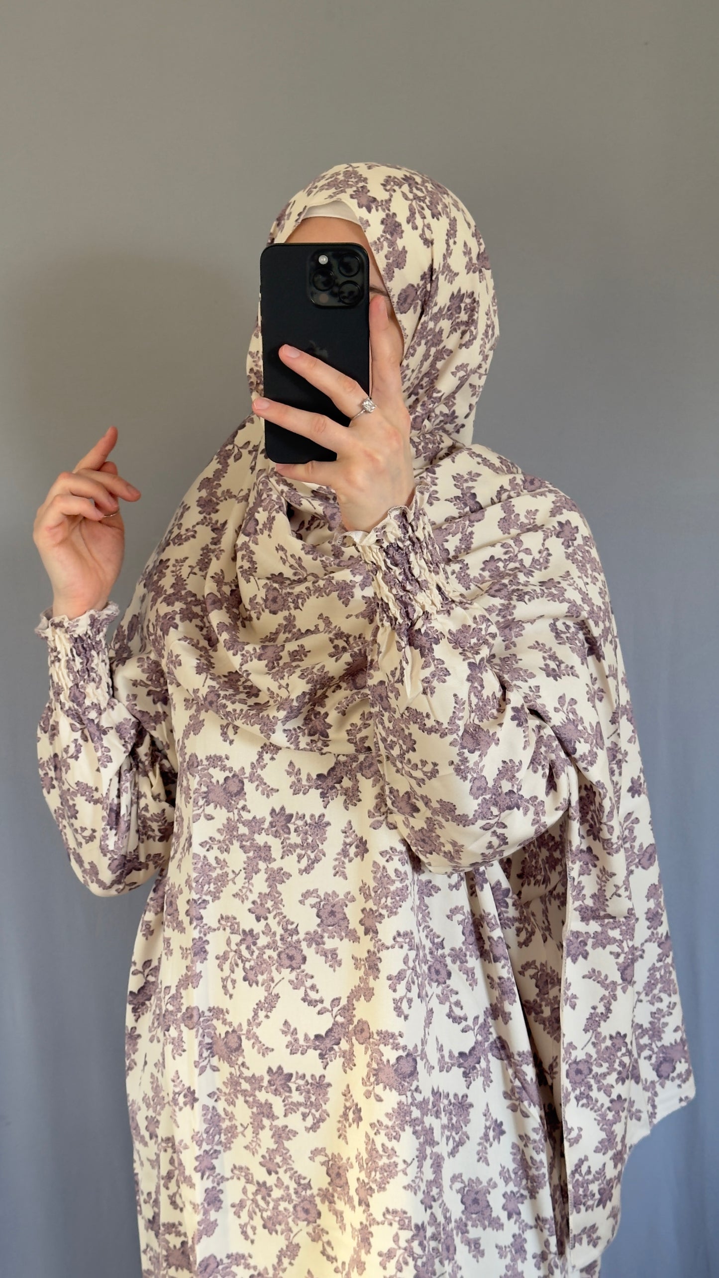 Floral Cream Cotton Muslim Prayer Dress Set – Modest Ramadan Outfit with Hijab, Abaya & Salah Dress for Women | Islamic Gift Idea