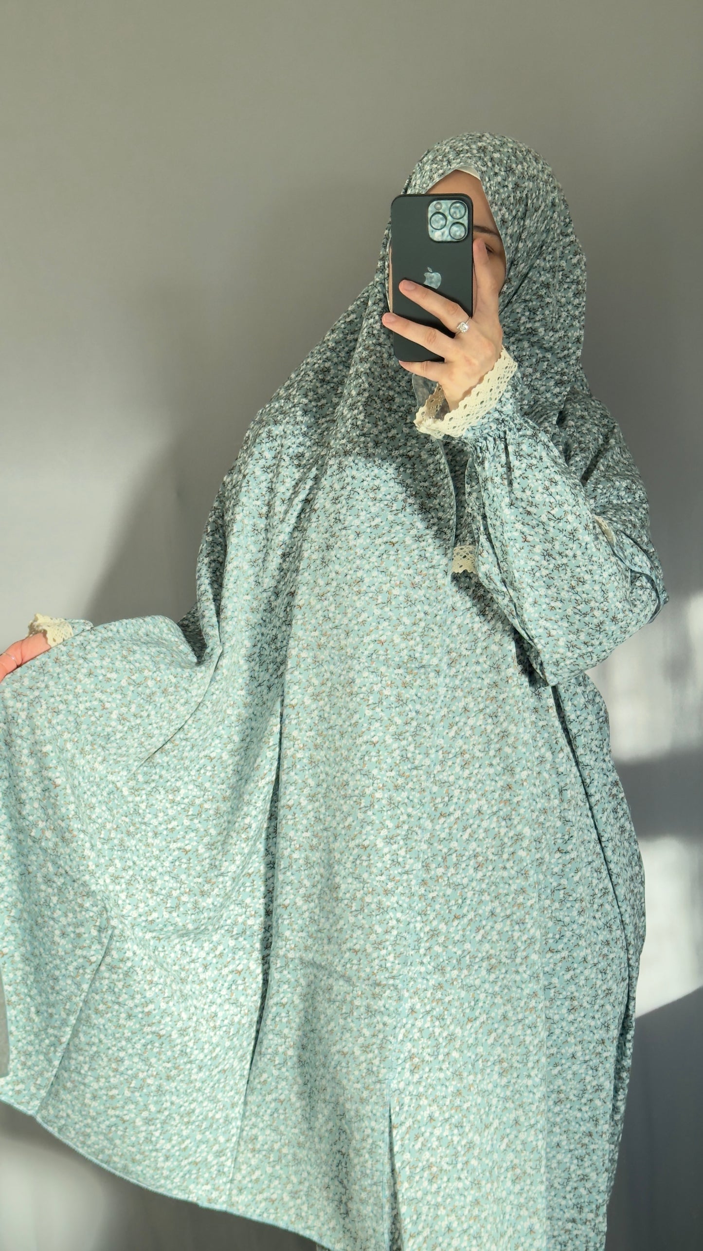Floral Mint Cotton Prayer Dress, Prayer clothes for women, Islamic Prayer dress, Prayer Outfit, Prayer Set, Prayer Hijab, Salah dress, Islamic Gift, Muslim clothing, Prayer abaya, Ramadan Dress