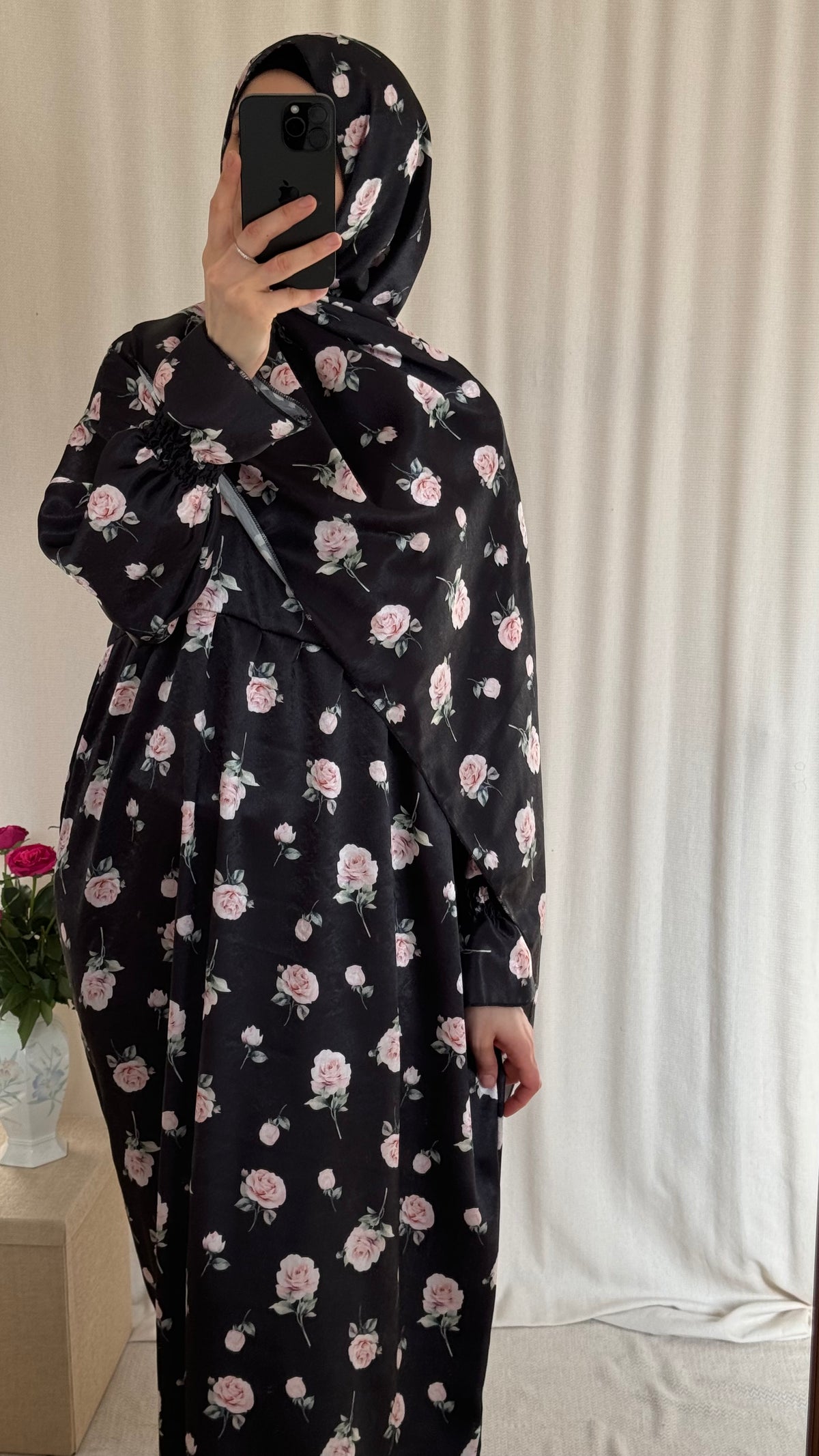 Floral Silk Abaya - Elegant Full-Length Modest Prayer Dress | Soft Lightweight Islamic Prayer Wear