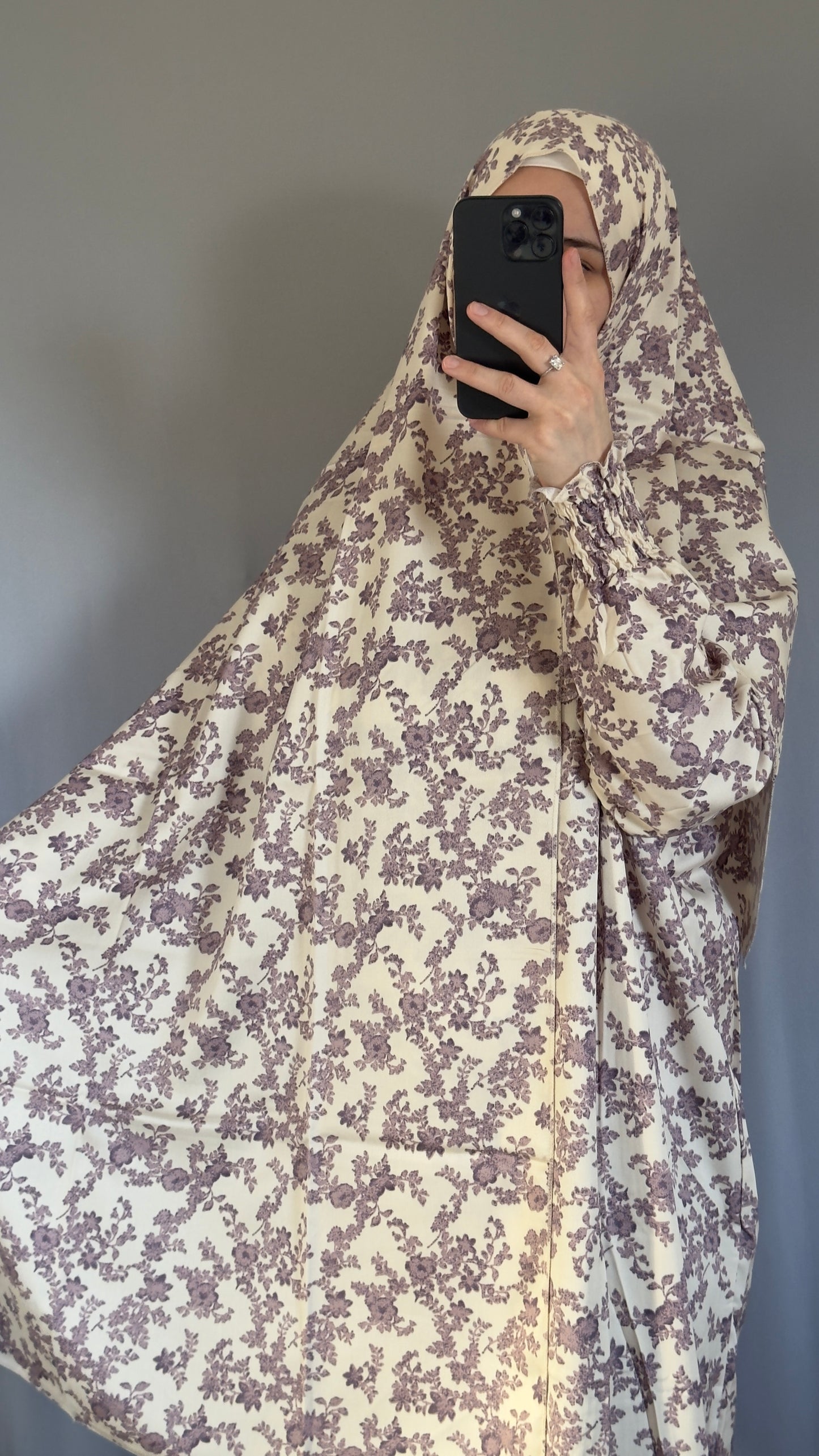 Floral Cream Cotton Muslim Prayer Dress Set – Modest Ramadan Outfit with Hijab, Abaya & Salah Dress for Women | Islamic Gift Idea