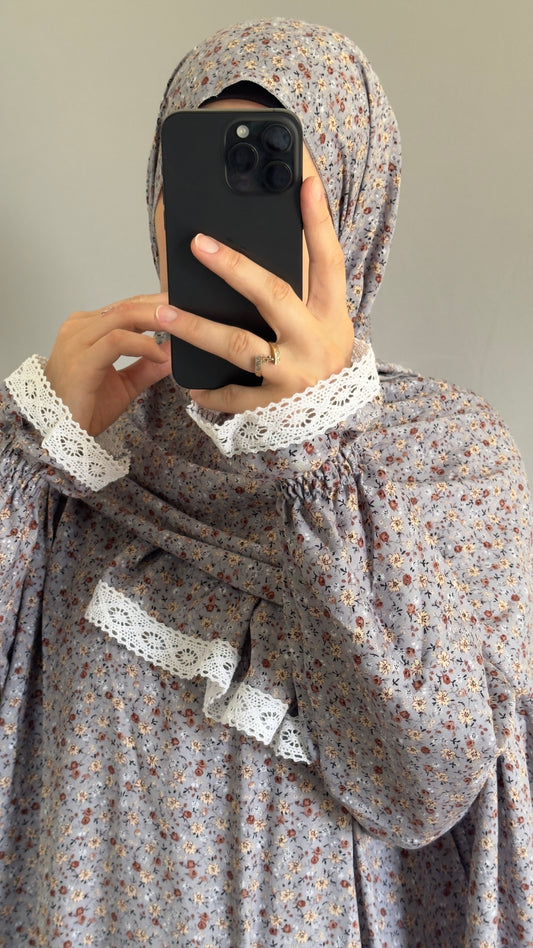 Elegant Floral Grey Prayer Dress – Modest Islamic Wear for Women - Breathable Cotton Salah Dress - Modest Prayer Dress for Women - Summer Floral Abaya - Prayer Set, Islamic Gift