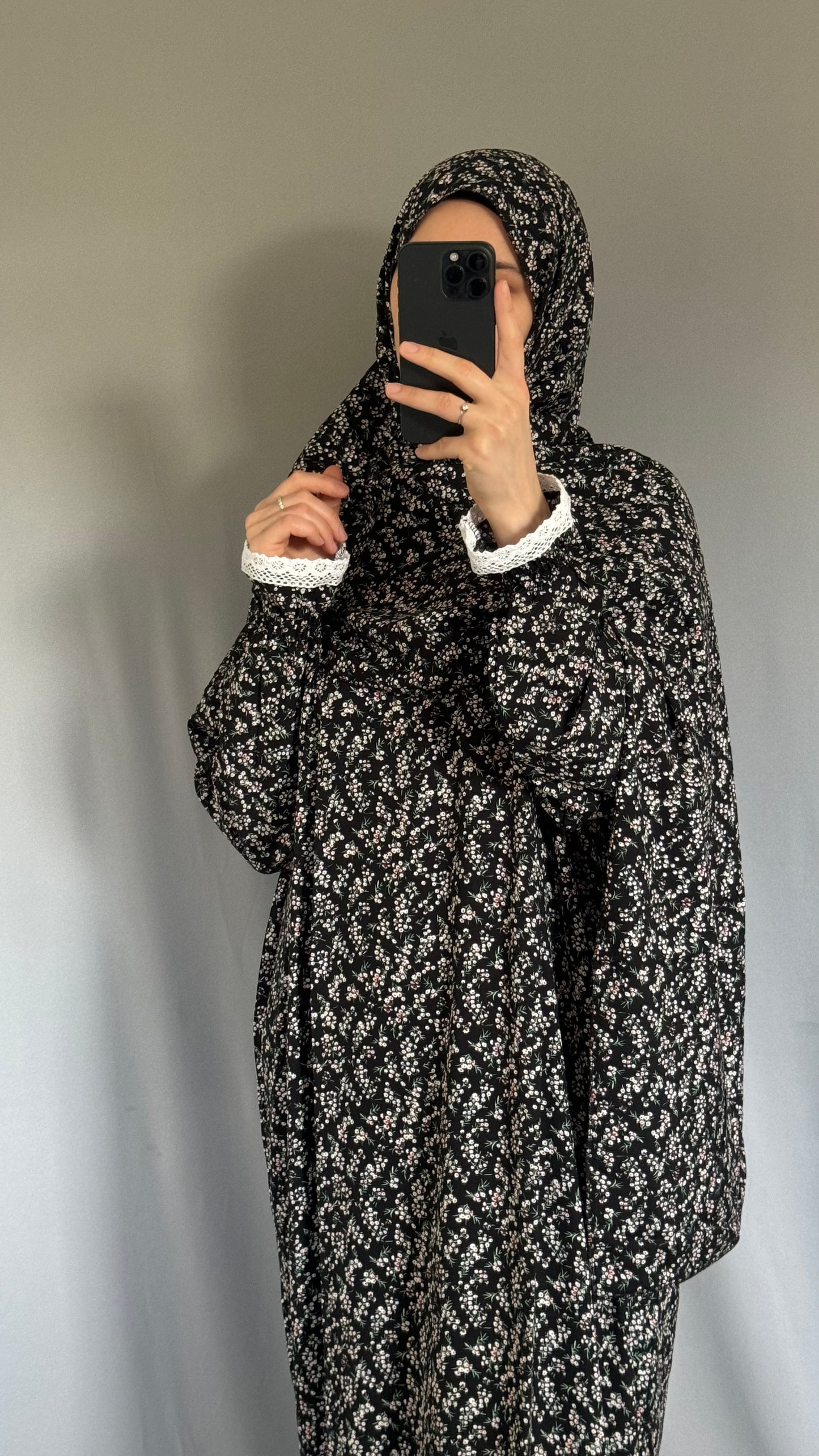 Floral Black Cotton Prayer Dress, Prayer clothes for women, Islamic Prayer dress, Prayer Outfit, Prayer Set, Prayer Hijab, Salah dress, Islamic Gift, Muslim clothing, Prayer abaya
