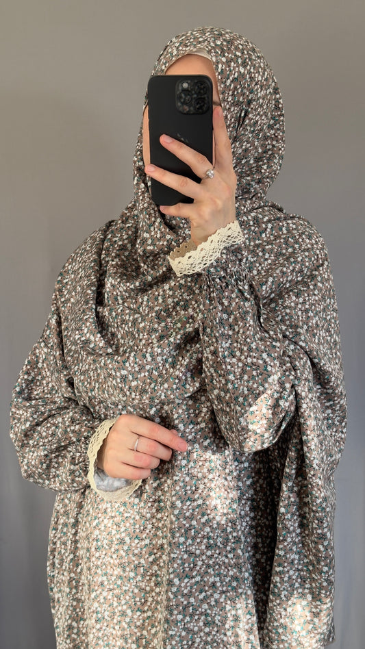 Floral Beige Cotton Prayer Dress, Prayer clothes for women, Islamic Prayer dress, Prayer Outfit, Prayer Set, Prayer Hijab, Salah dress, Islamic Gift, Muslim clothing, Prayer abaya, Ramadan Dress