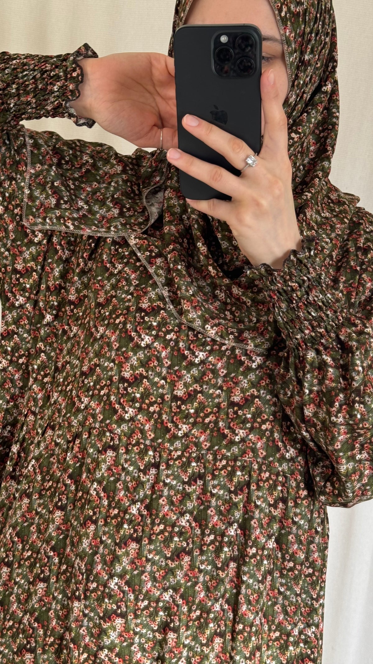 Floral green Cotton Prayer Dress - with gathers under chest