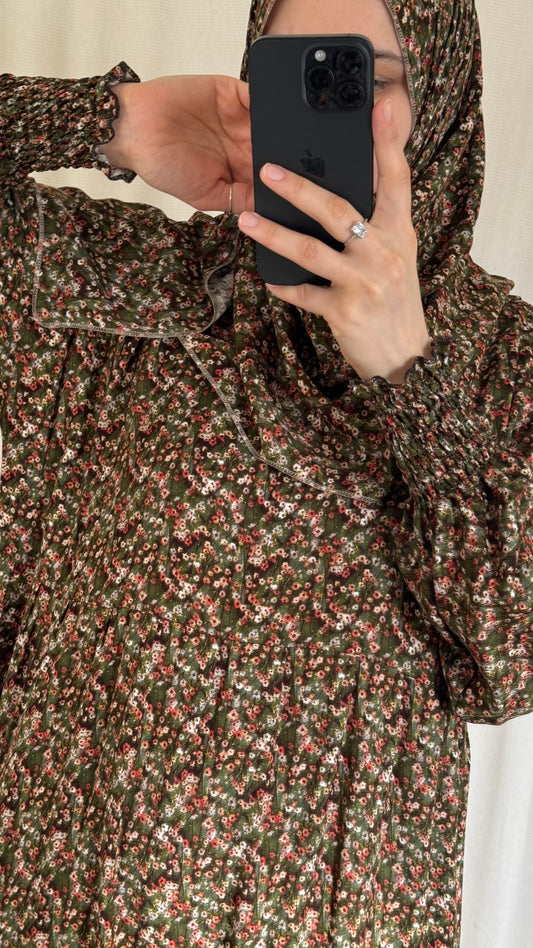 Floral green Cotton Prayer Dress - with gathers under chest