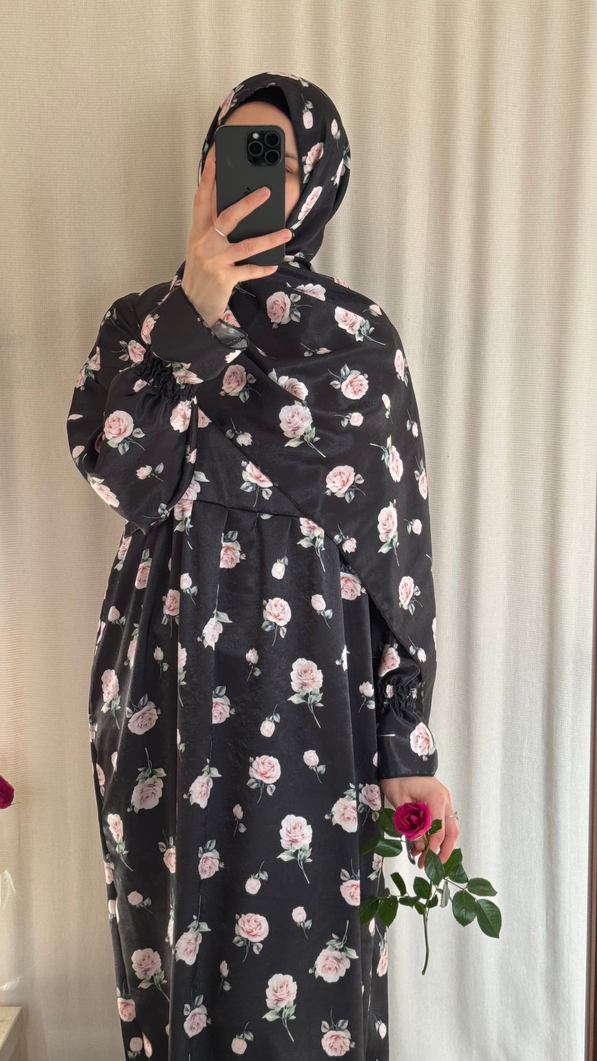 Floral Silk Abaya - Elegant Full-Length Modest Prayer Dress | Soft Lightweight Islamic Prayer Wear