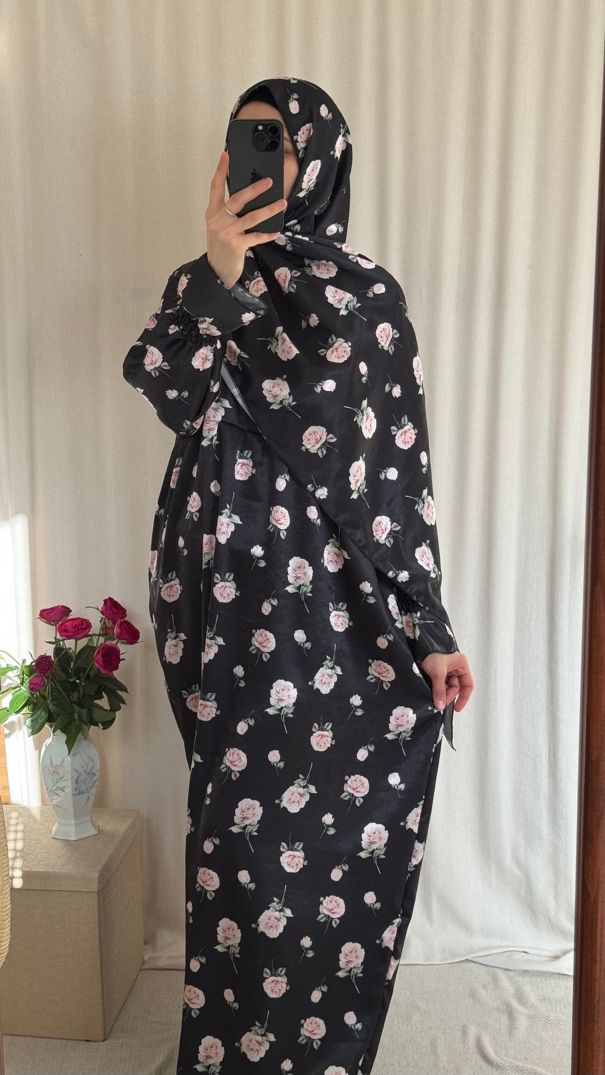 Floral Silk Abaya - Elegant Full-Length Modest Prayer Dress | Soft Lightweight Islamic Prayer Wear
