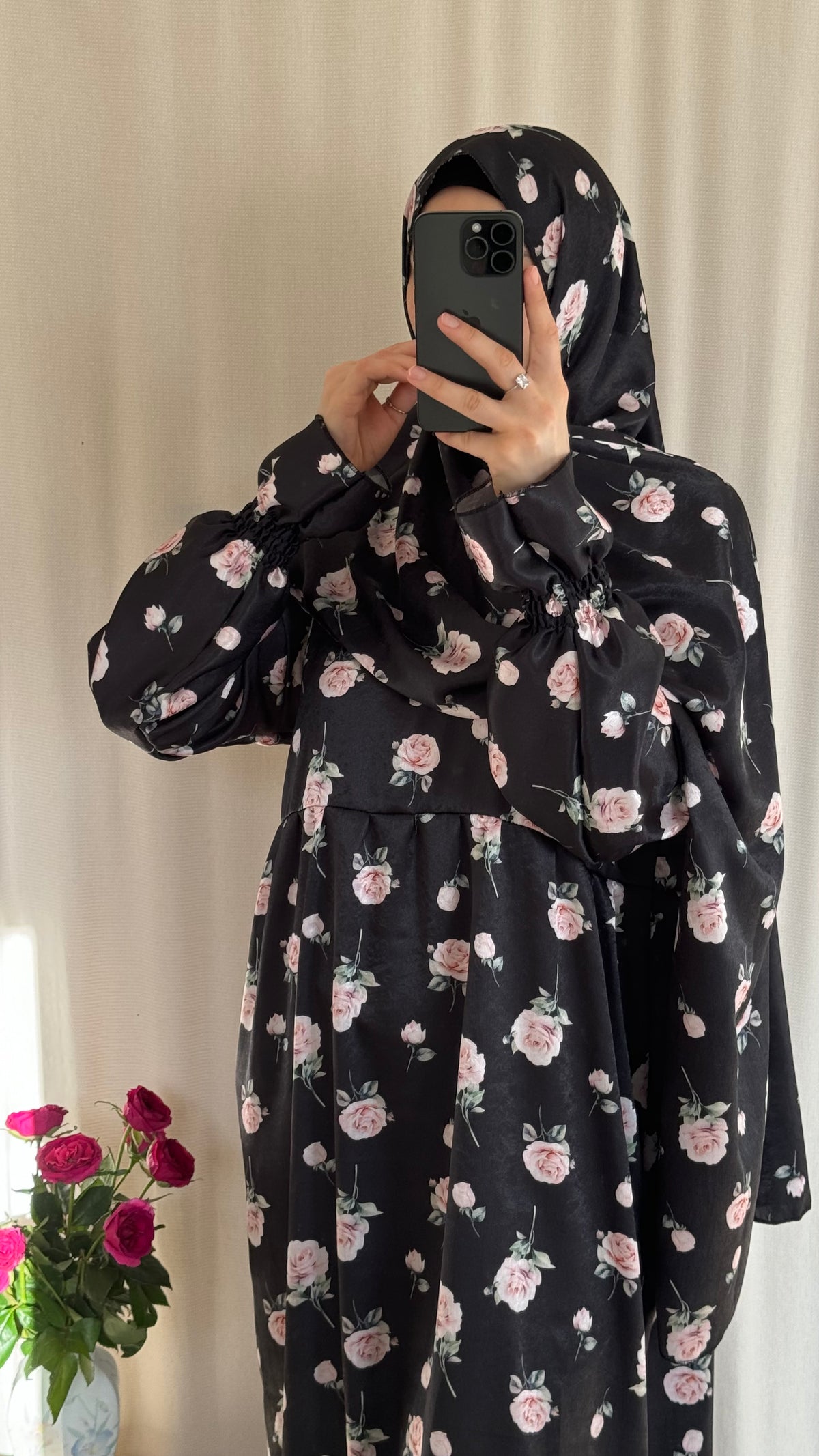 Floral Silk Abaya - Elegant Full-Length Modest Prayer Dress | Soft Lightweight Islamic Prayer Wear