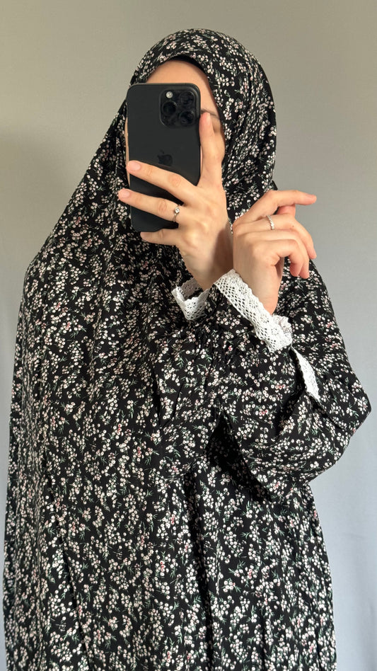 Floral Black Cotton Prayer Dress, Prayer clothes for women, Islamic Prayer dress, Prayer Outfit, Prayer Set, Prayer Hijab, Salah dress, Islamic Gift, Muslim clothing, Prayer abaya
