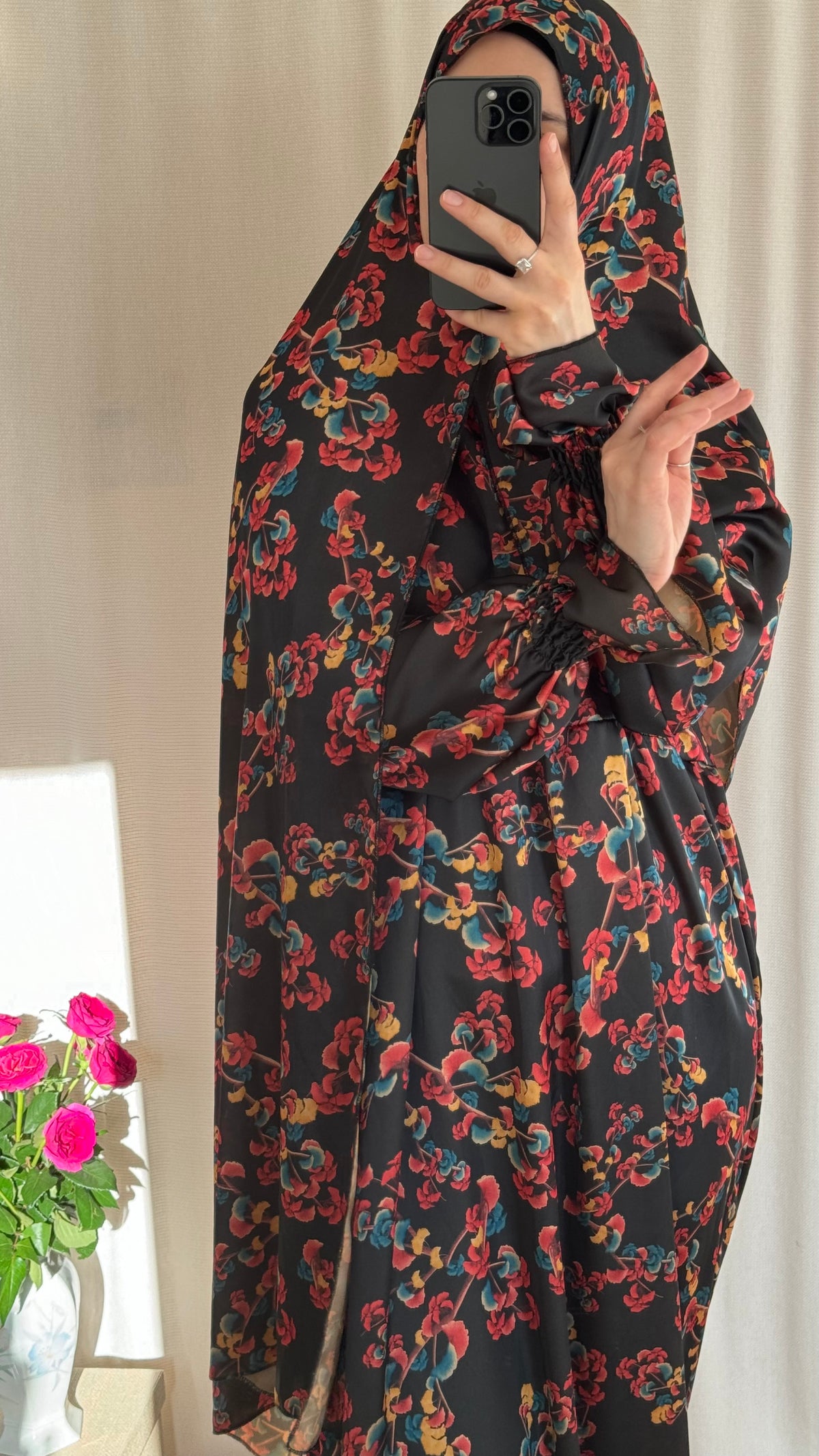 Floral Silk Abaya - Elegant Full-Length Modest Prayer Dress | Soft Lightweight Islamic Prayer Wear