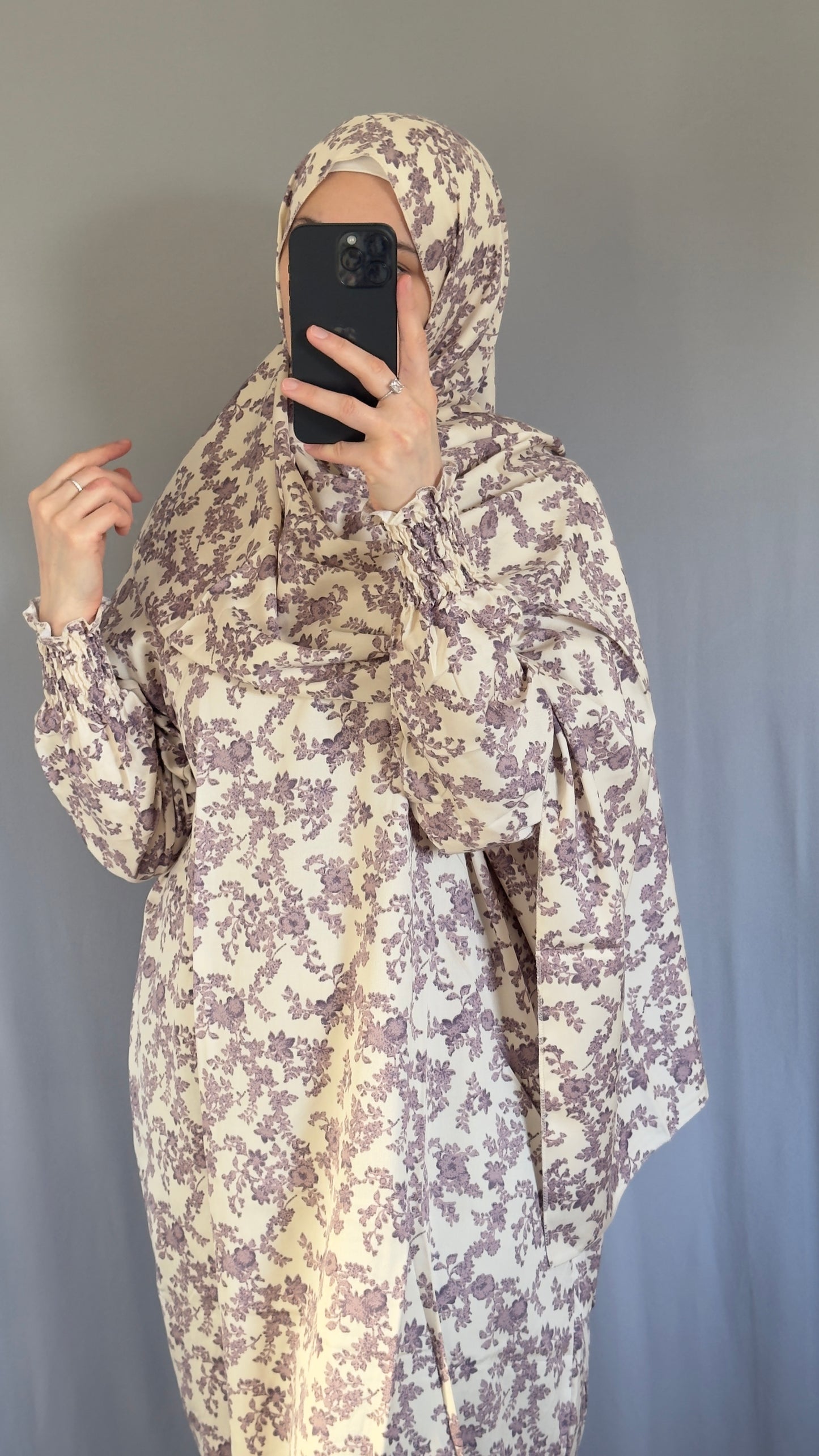 Floral Cream Cotton Muslim Prayer Dress Set – Modest Ramadan Outfit with Hijab, Abaya & Salah Dress for Women | Islamic Gift Idea