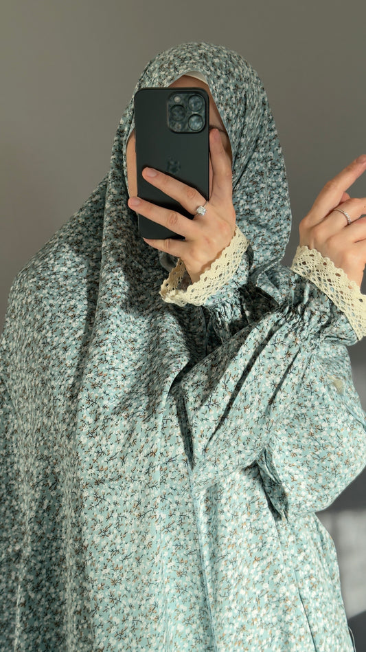 Floral Mint Cotton Prayer Dress, Prayer clothes for women, Islamic Prayer dress, Prayer Outfit, Prayer Set, Prayer Hijab, Salah dress, Islamic Gift, Muslim clothing, Prayer abaya, Ramadan Dress