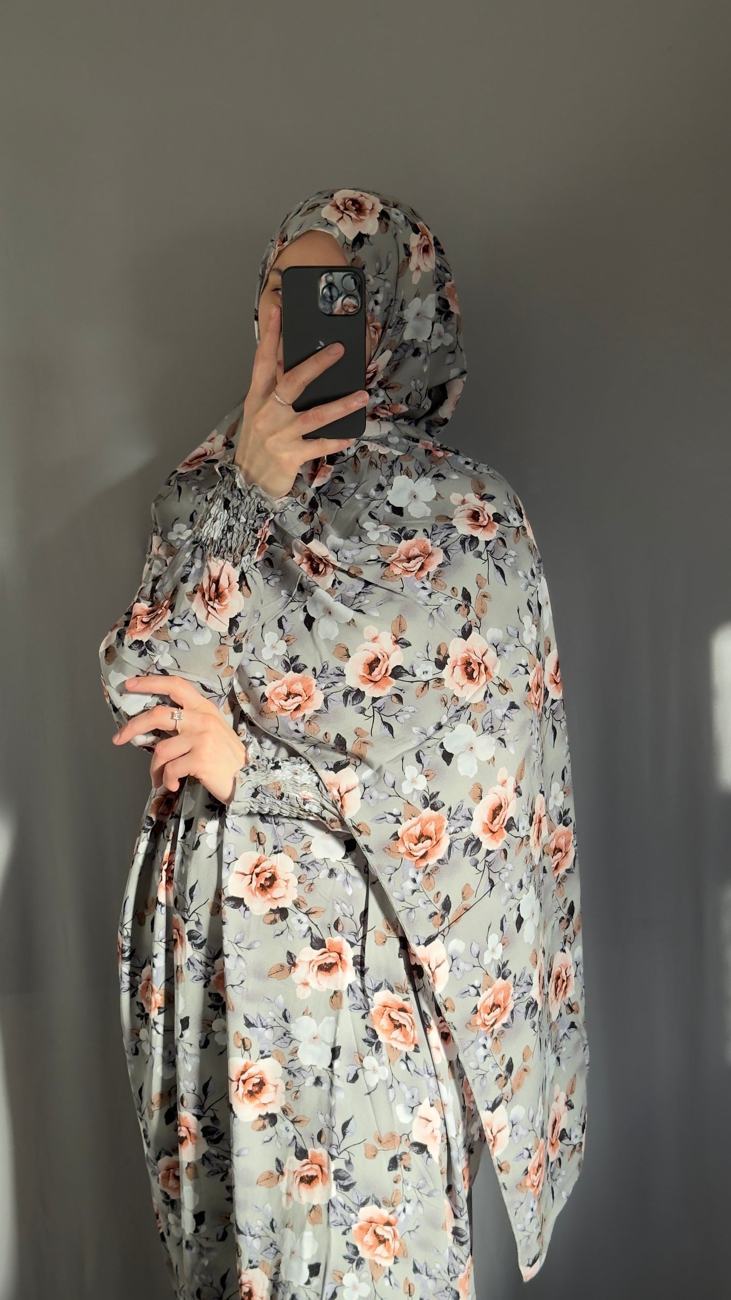 Floral Grey Prayer Dress / Overhead Abaya / Prayer Abaya Set / Prayer Dress for Woman / Prayer Clothes Muslim / Prayer Gown / Prayer Outfit/ Salah Dress / Namaz Dress / Ramadan Abaya / Eid Gift