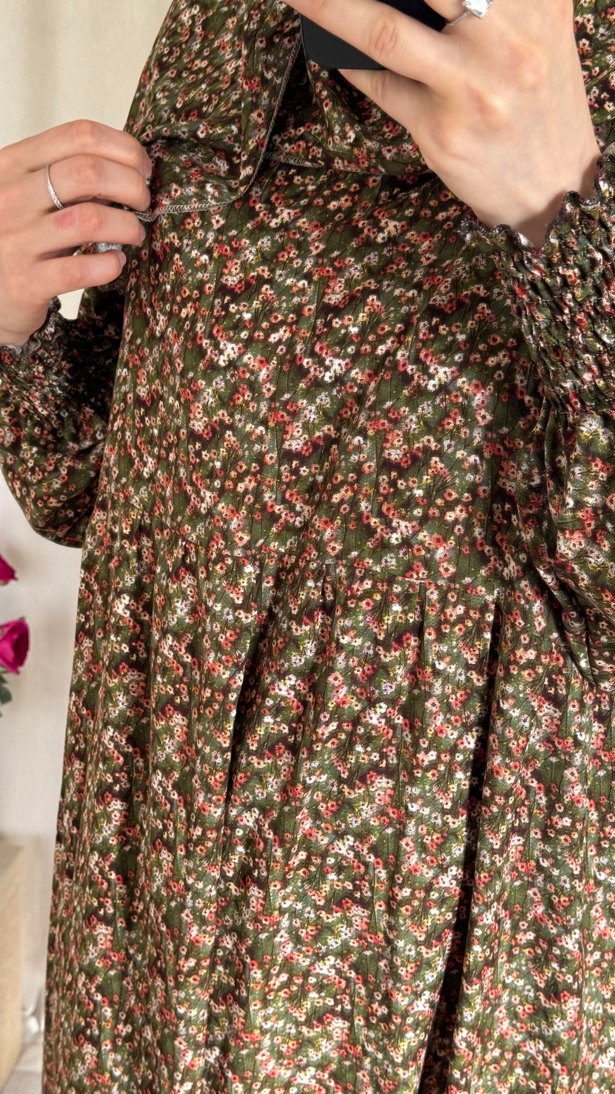 Floral green Cotton Prayer Dress - with gathers under chest