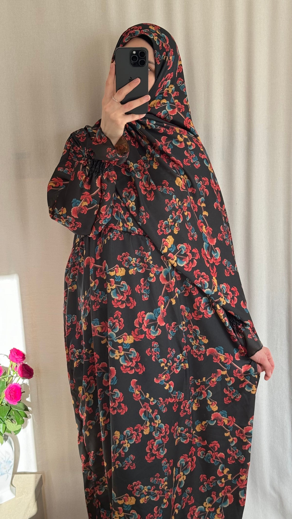 Floral Silk Abaya - Elegant Full-Length Modest Prayer Dress | Soft Lightweight Islamic Prayer Wear