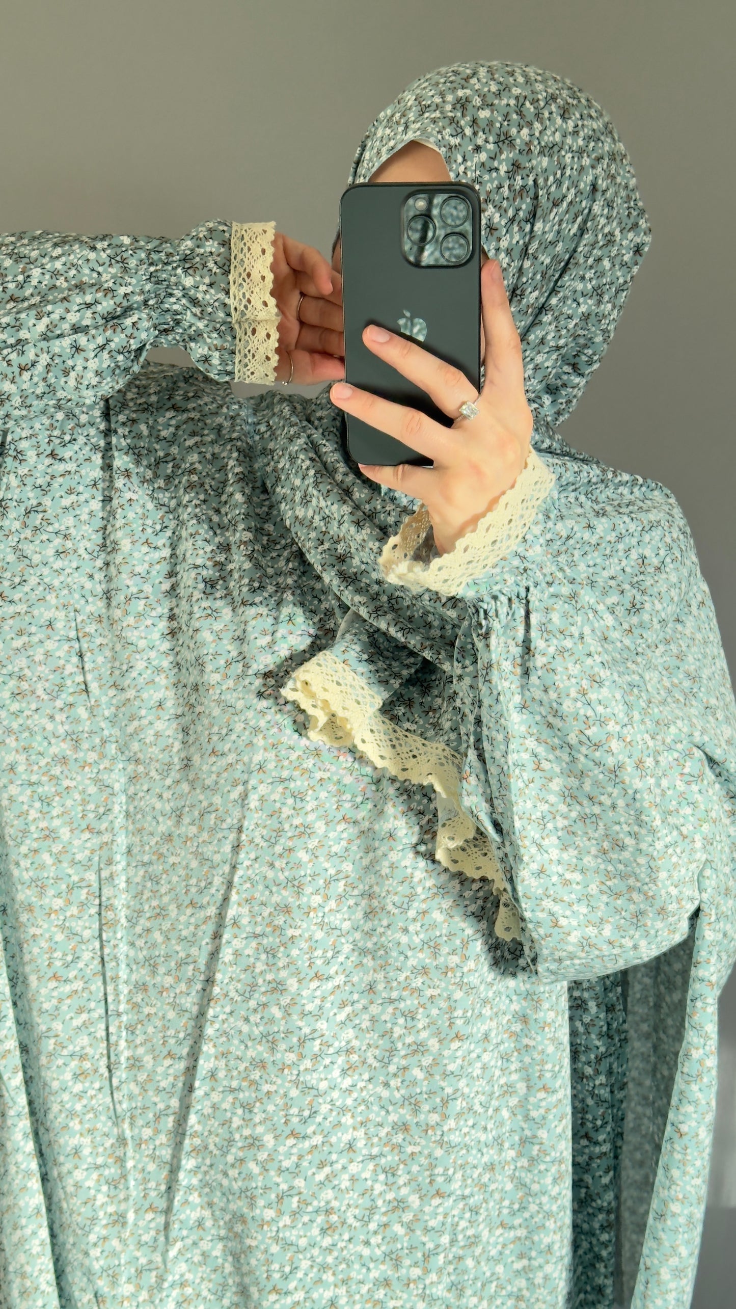 Floral Mint Cotton Prayer Dress, Prayer clothes for women, Islamic Prayer dress, Prayer Outfit, Prayer Set, Prayer Hijab, Salah dress, Islamic Gift, Muslim clothing, Prayer abaya, Ramadan Dress