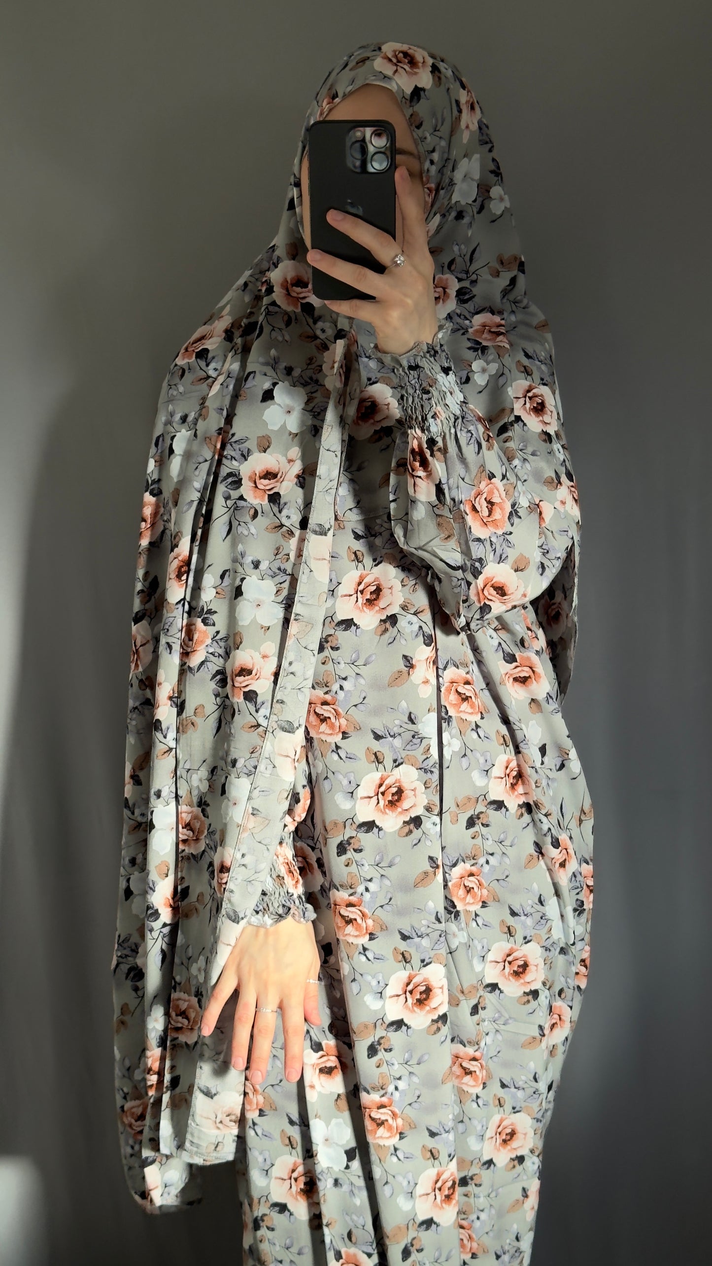 Floral Grey Prayer Dress / Overhead Abaya / Prayer Abaya Set / Prayer Dress for Woman / Prayer Clothes Muslim / Prayer Gown / Prayer Outfit/ Salah Dress / Namaz Dress / Ramadan Abaya / Eid Gift