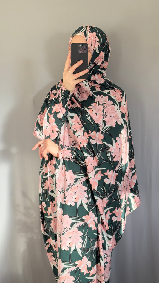Elegant Floral Green Prayer Dress – Modest Islamic Wear for Women - Breathable Cotton Salah Dress - Modest Prayer Dress for Women - Ramadan Floral Abaya - Prayer Set