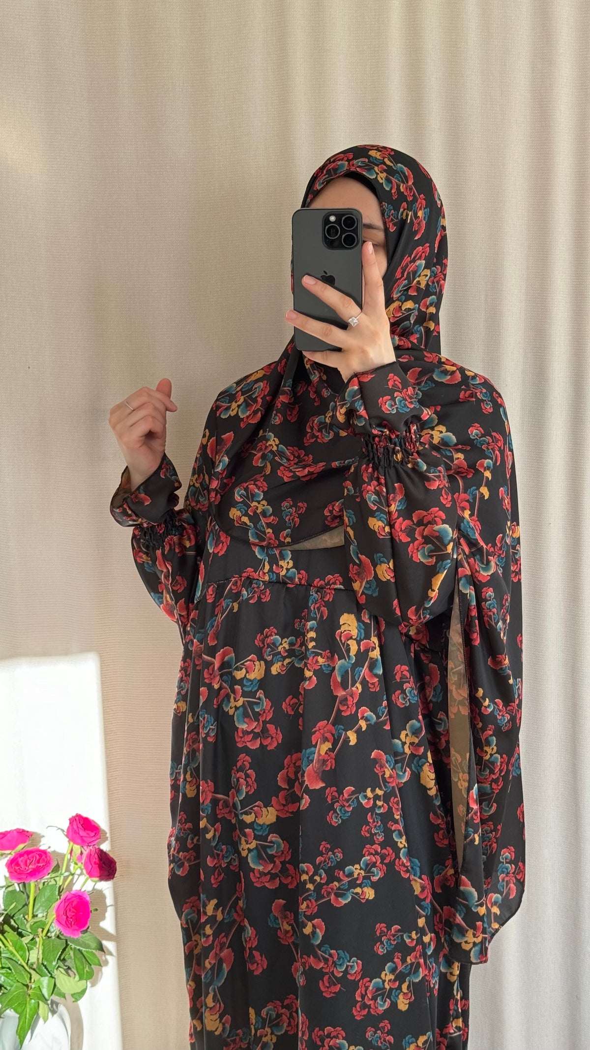 Floral Silk Abaya - Elegant Full-Length Modest Prayer Dress | Soft Lightweight Islamic Prayer Wear