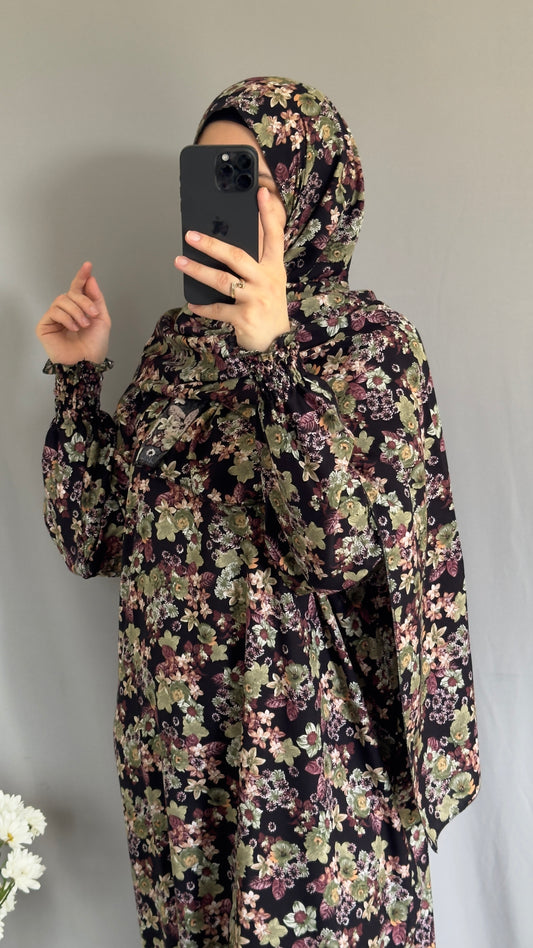 Floral Prayer Dress / Prayer Abaya / muslim one piece prayer garment / Modest prayer outfit / Travel-friendly prayer dress / Prayer Dress with attached Hijab / Salah clothes / Prayer Wear