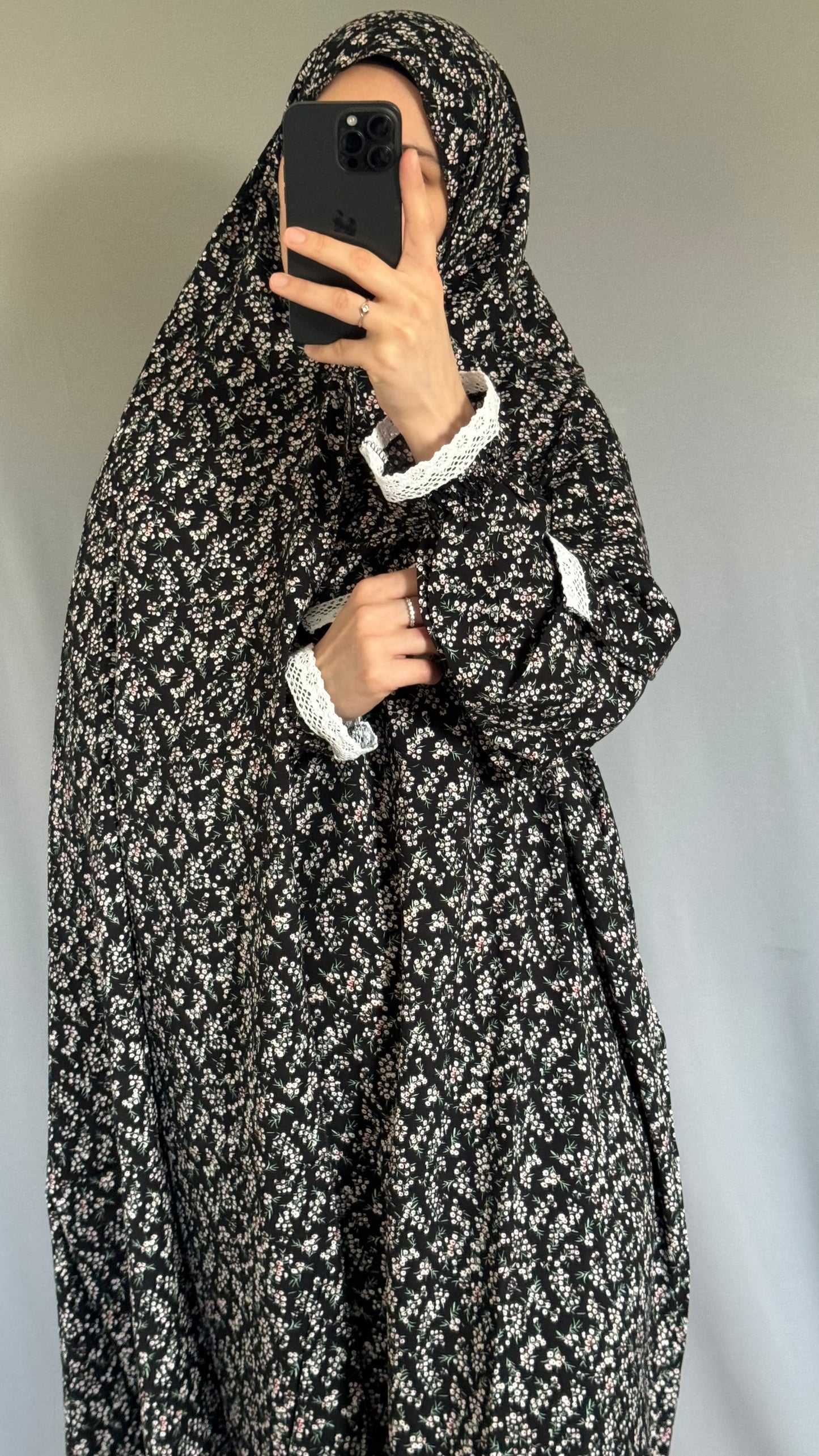 Floral Black Cotton Prayer Dress, Prayer clothes for women, Islamic Prayer dress, Prayer Outfit, Prayer Set, Prayer Hijab, Salah dress, Islamic Gift, Muslim clothing, Prayer abaya