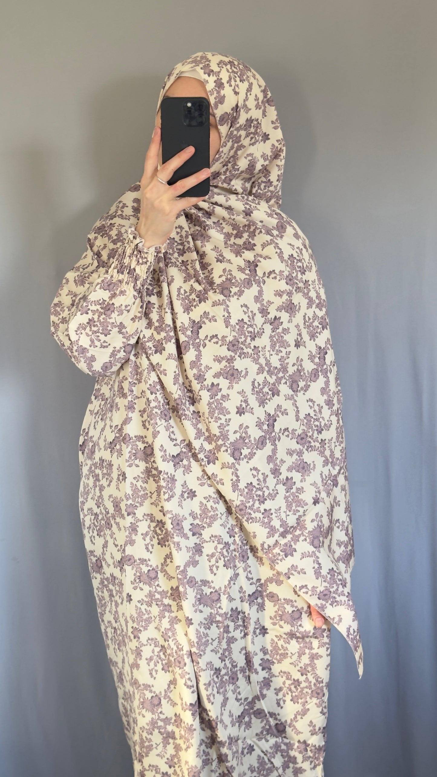 Floral Cream Cotton Muslim Prayer Dress Set – Modest Ramadan Outfit with Hijab, Abaya & Salah Dress for Women | Islamic Gift Idea