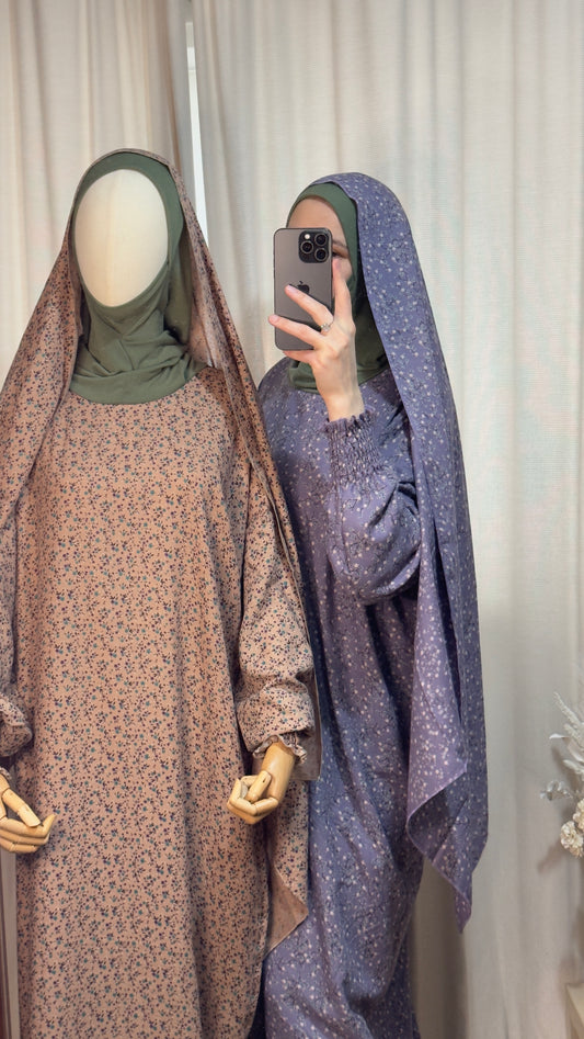 Floral Dusty Pink One Piece Prayer dress with Built In Jersey Bonnet, Prayer Abaya with integrated Hijab, Salah dress, Prayer set, Prayer outfit,Prayer clothes for women, Islamic Prayer dress, Ramadan Abaya