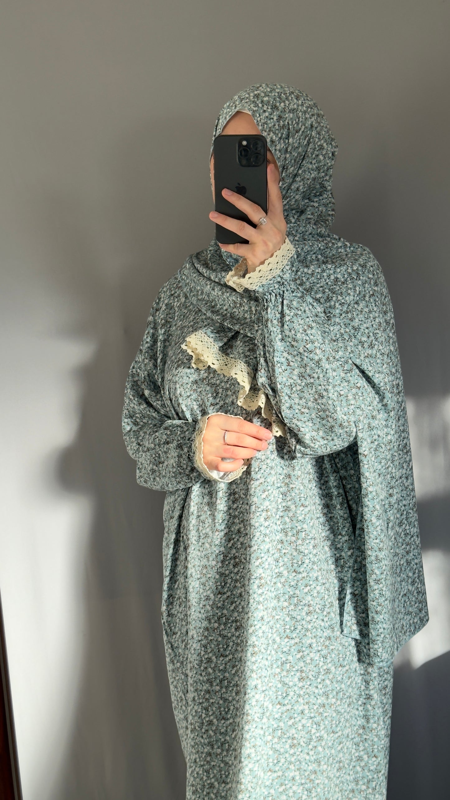 Floral Mint Cotton Prayer Dress, Prayer clothes for women, Islamic Prayer dress, Prayer Outfit, Prayer Set, Prayer Hijab, Salah dress, Islamic Gift, Muslim clothing, Prayer abaya, Ramadan Dress