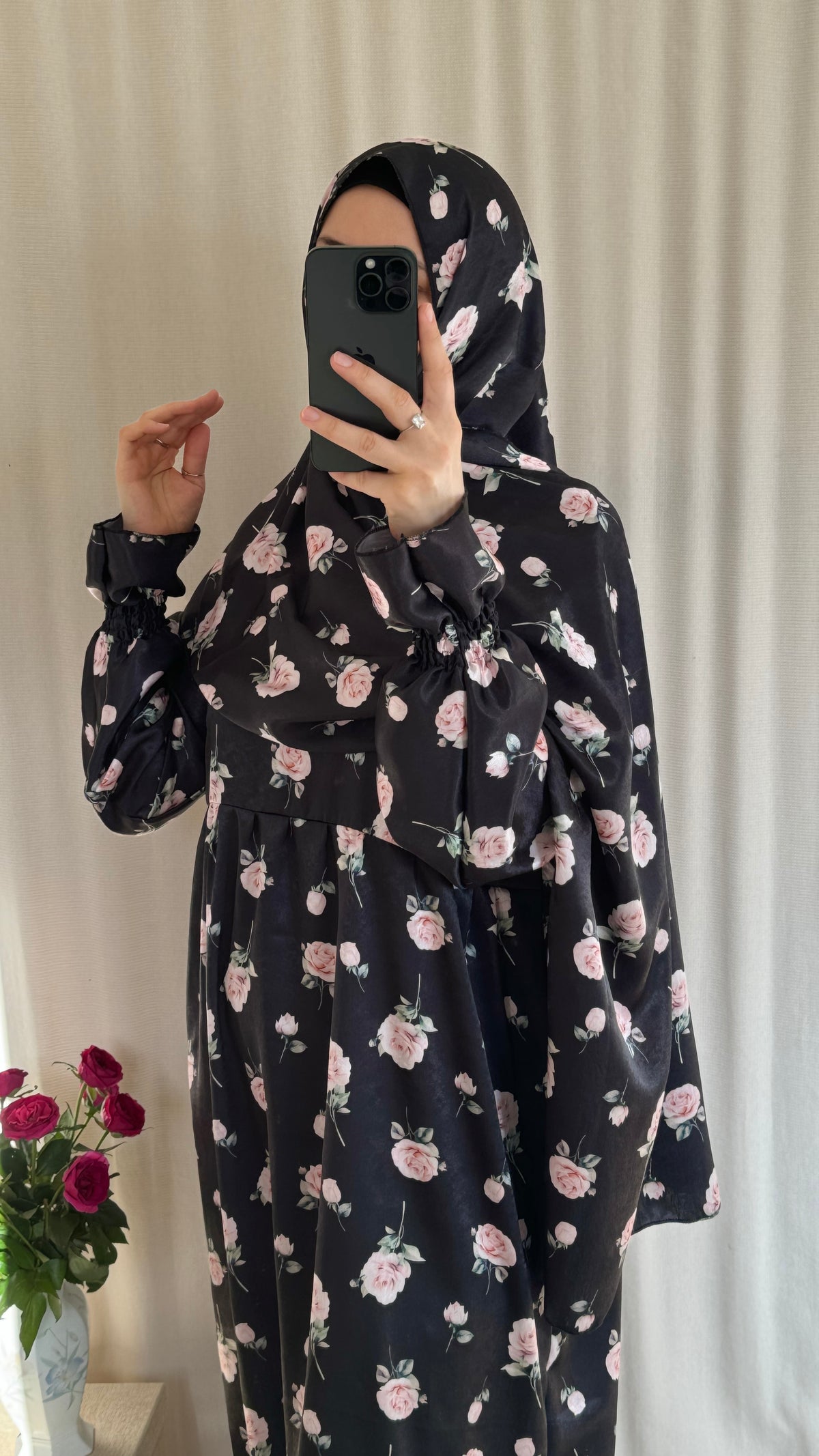 Floral Silk Abaya - Elegant Full-Length Modest Prayer Dress | Soft Lightweight Islamic Prayer Wear