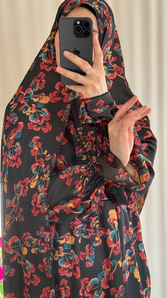 Floral Silk Abaya - Elegant Full-Length Modest Prayer Dress | Soft Lightweight Islamic Prayer Wear