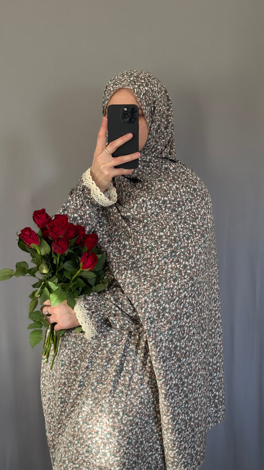 Floral Beige Cotton Prayer Dress, Prayer clothes for women, Islamic Prayer dress, Prayer Outfit, Prayer Set, Prayer Hijab, Salah dress, Islamic Gift, Muslim clothing, Prayer abaya, Ramadan Dress