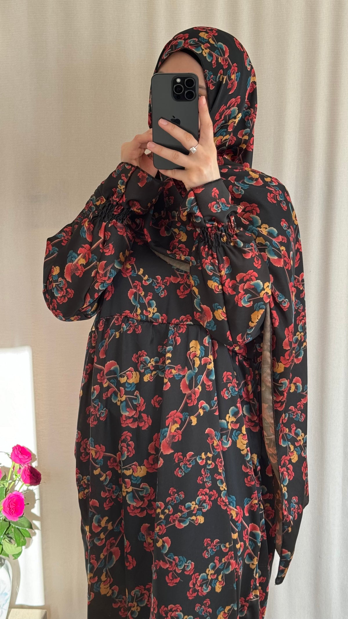Floral Silk Abaya - Elegant Full-Length Modest Prayer Dress | Soft Lightweight Islamic Prayer Wear