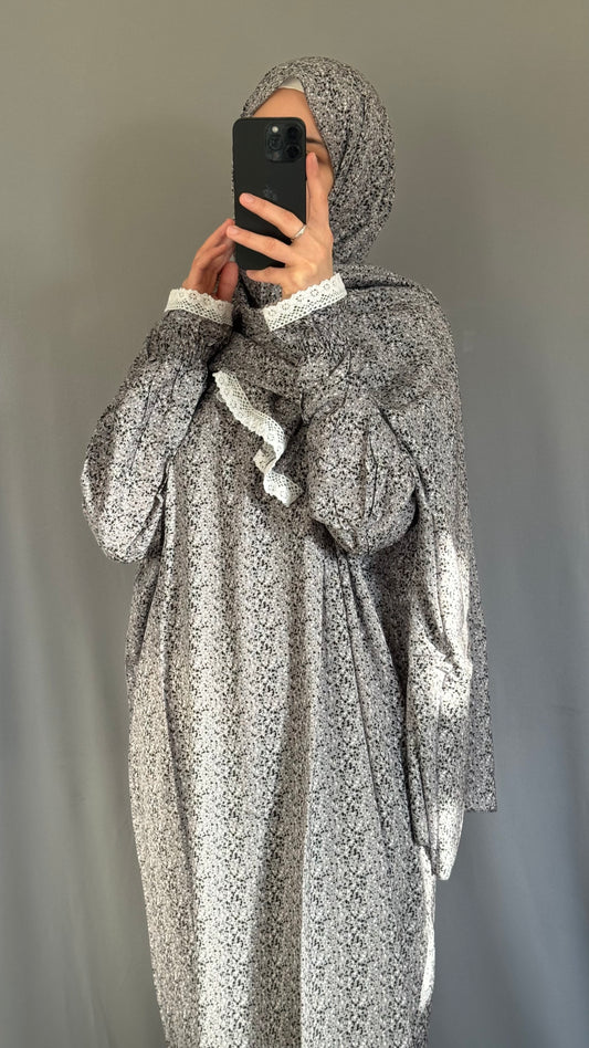 Grey Cotton prayer dress / Modest prayer outfit / Travel-friendly prayer dress / One-size prayer garmen / Hijab-friendly dress for prayer / Prayer Dress with attached Hijab / Prayer Set