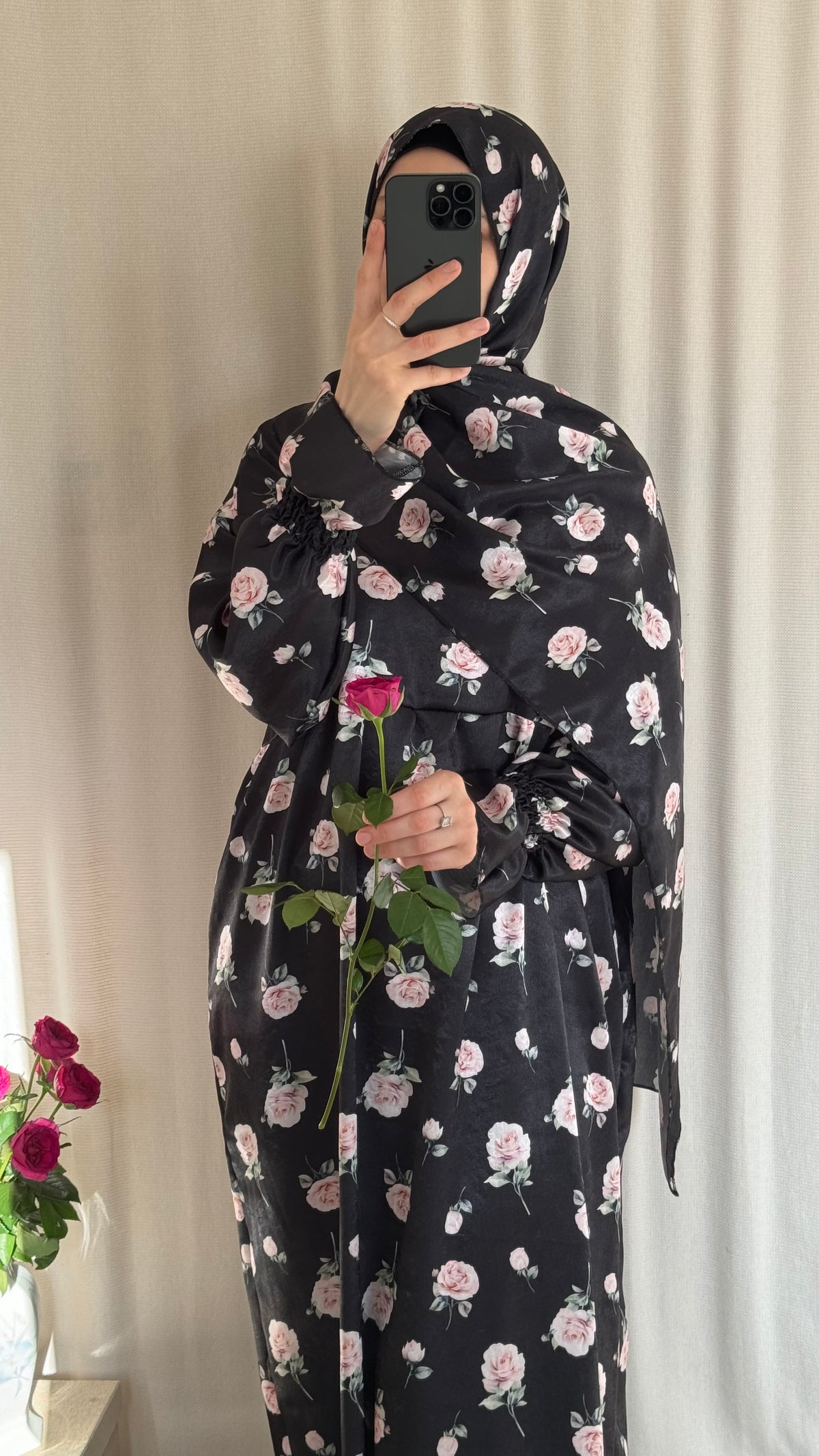 Floral Silk Abaya - Elegant Full-Length Modest Prayer Dress | Soft Lightweight Islamic Prayer Wear
