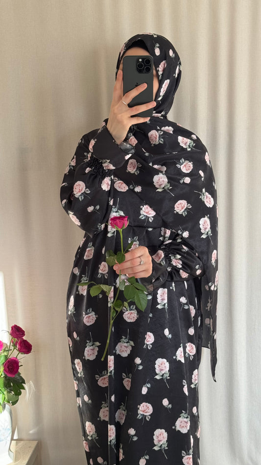 Floral Silk Abaya - Elegant Full-Length Modest Prayer Dress | Soft Lightweight Islamic Prayer Wear