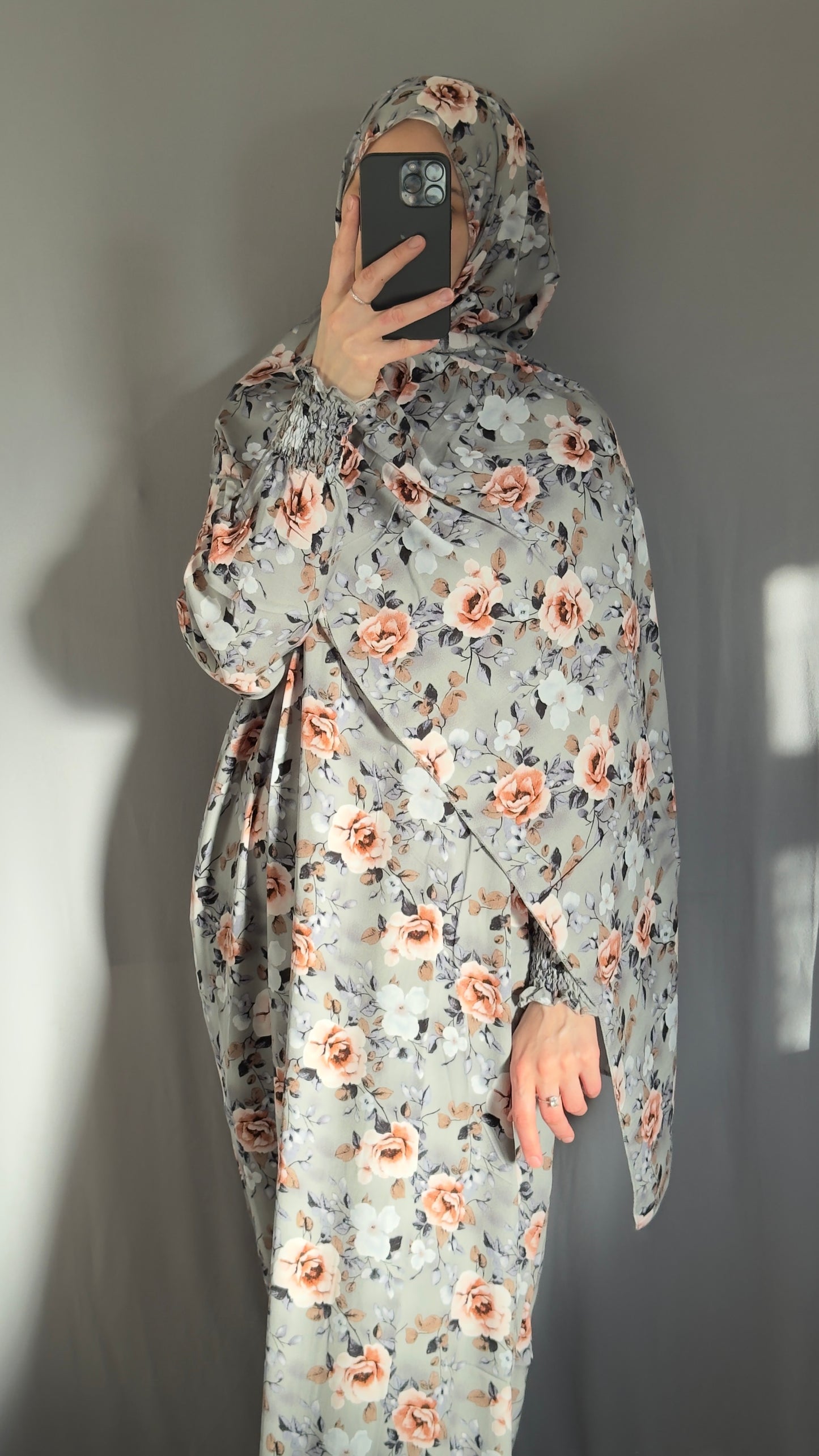 Floral Grey Prayer Dress / Overhead Abaya / Prayer Abaya Set / Prayer Dress for Woman / Prayer Clothes Muslim / Prayer Gown / Prayer Outfit/ Salah Dress / Namaz Dress / Ramadan Abaya / Eid Gift
